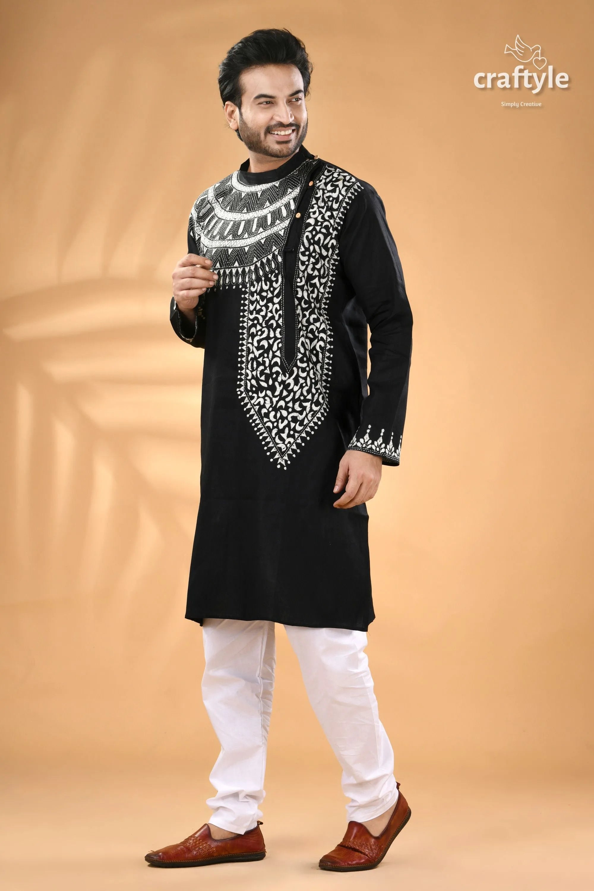 White thread kantha embroidered raven black mens cotton kurta men’s 4