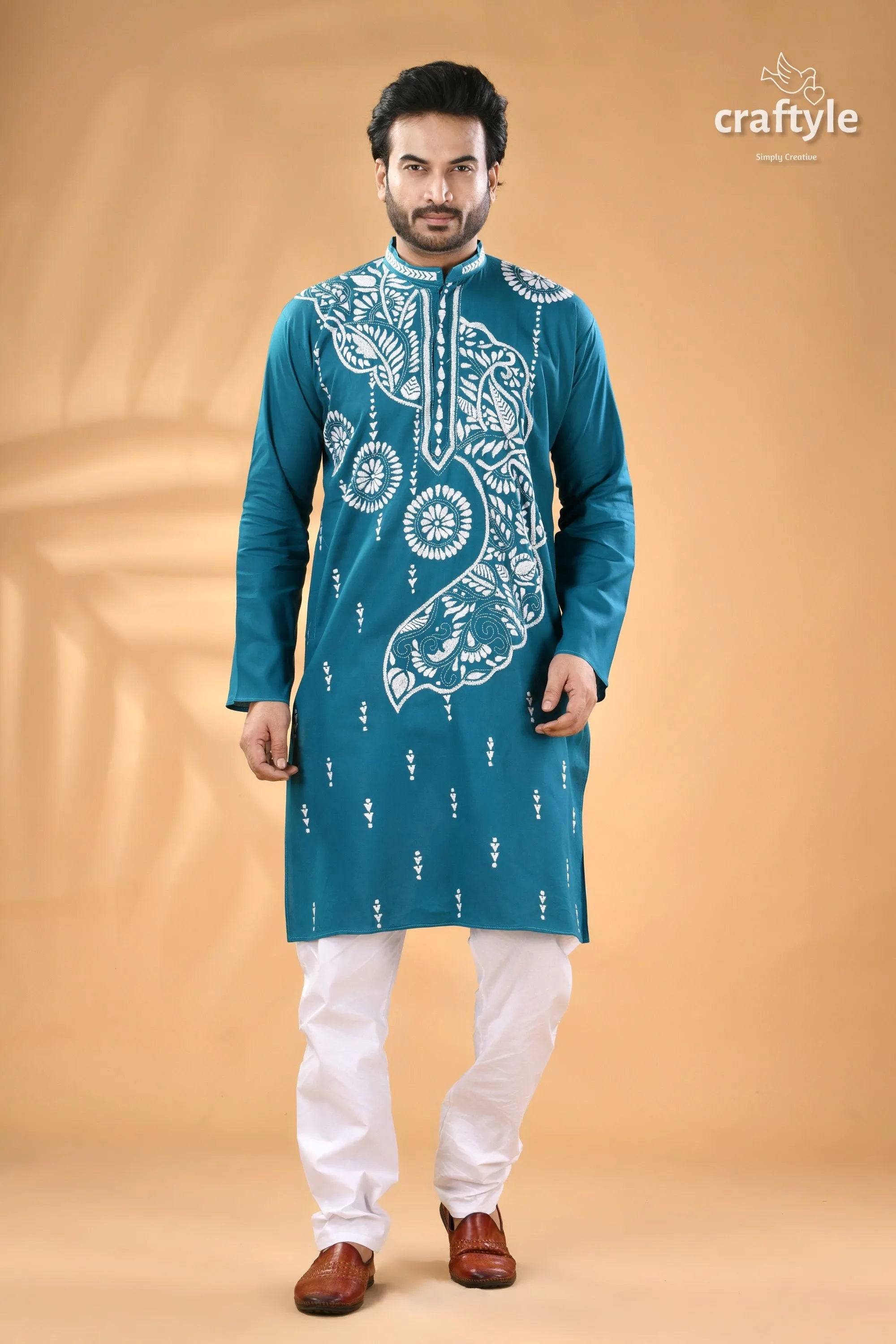 White thread kantha embroidery eastern blue cotton men’s kurta teal long-sleeve 1