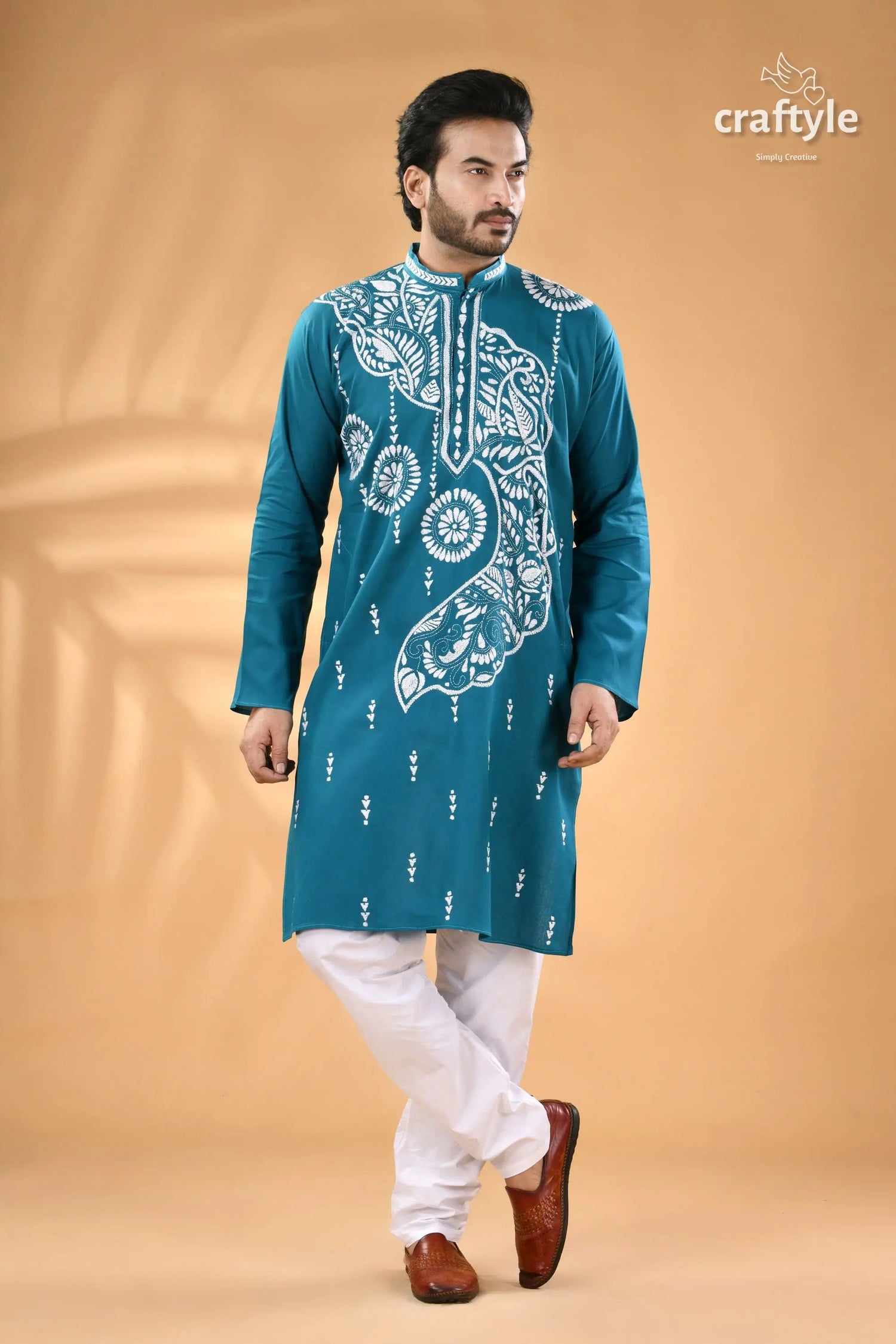White thread kantha embroidery eastern blue cotton men’s kurta men’s teal blue long sleeved kurta 3
