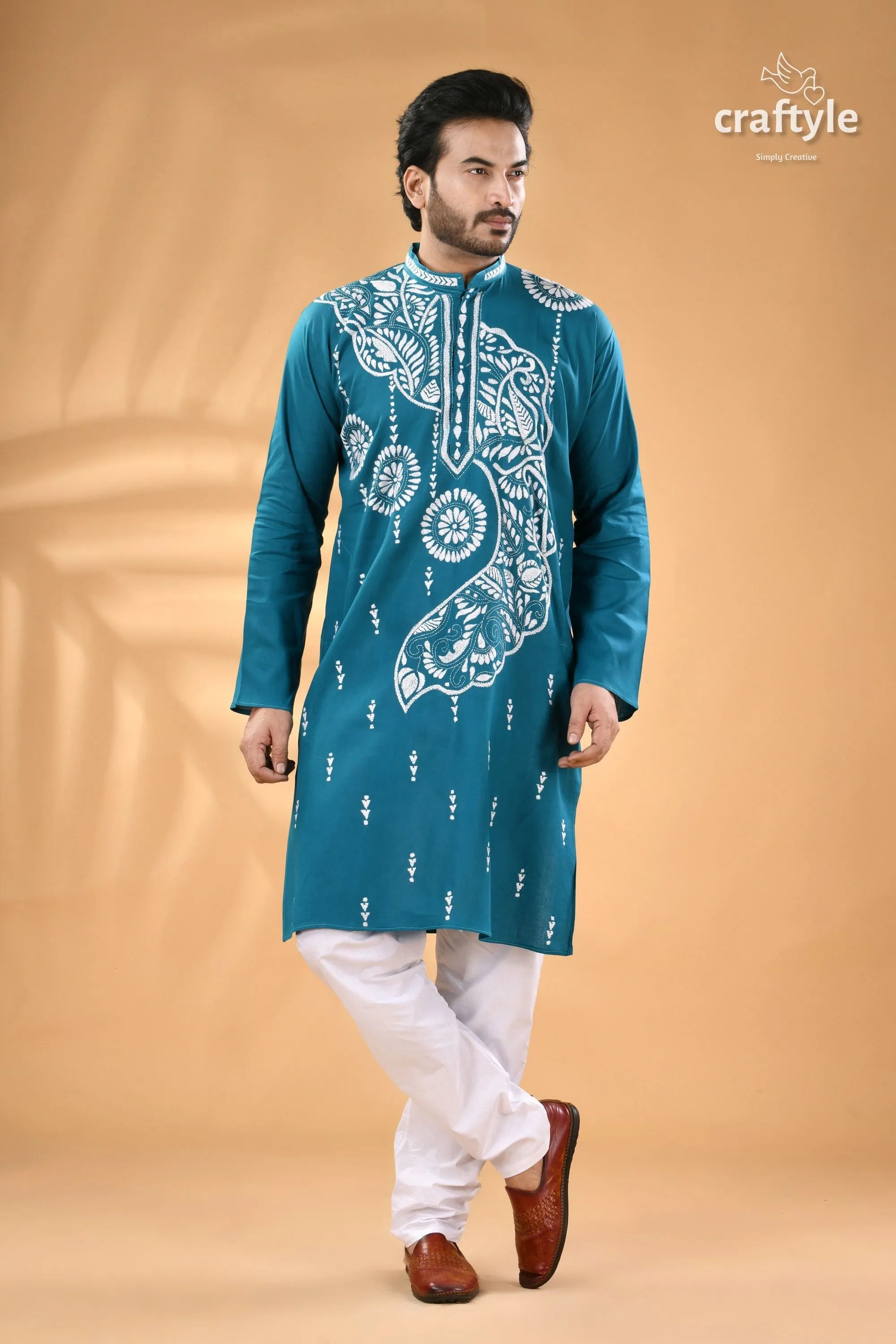 White thread kantha embroidery eastern blue cotton men’s kurta teal long-sleeved 3