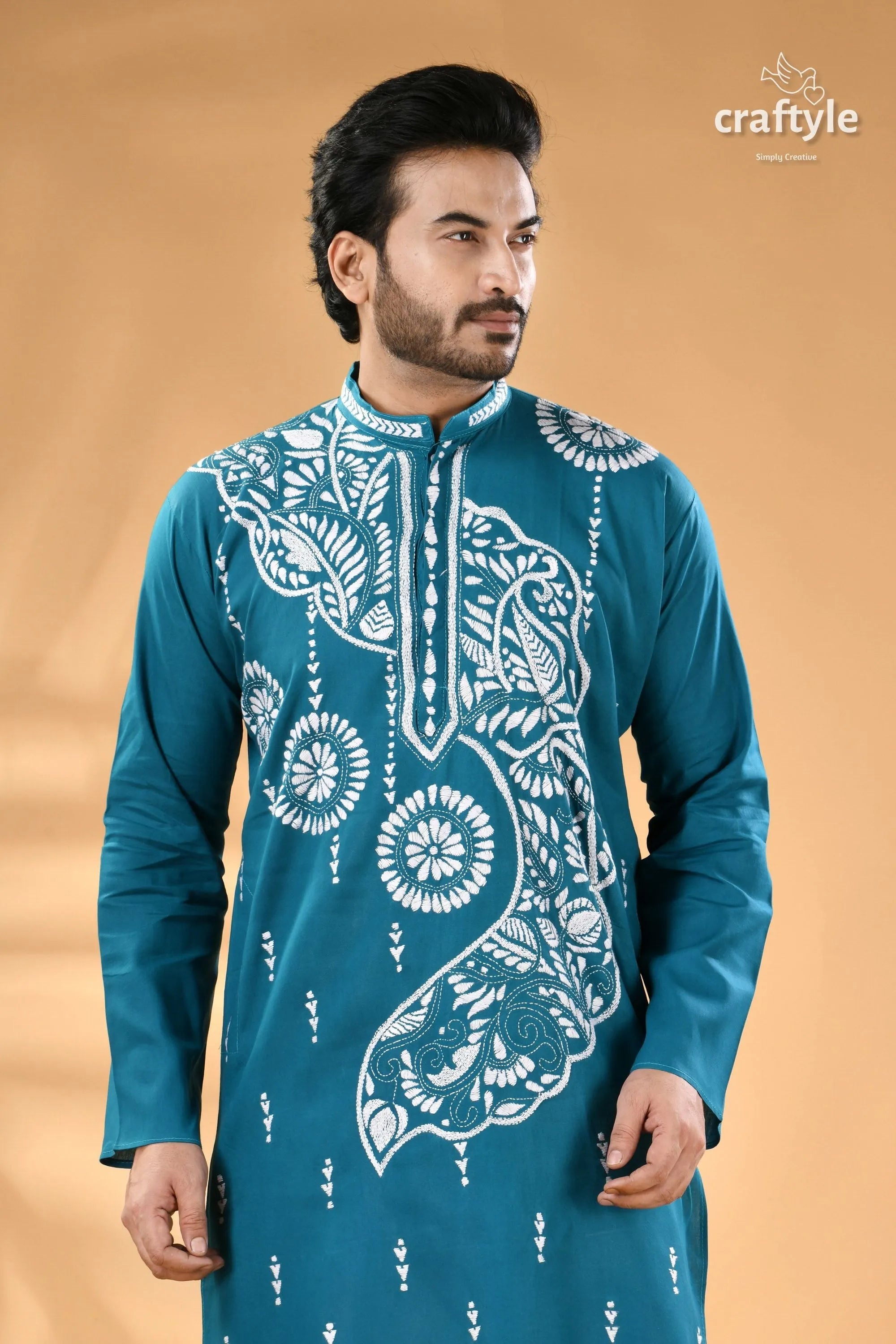 White thread kantha embroidery eastern blue cotton men’s kurta teal long-sleeved 2