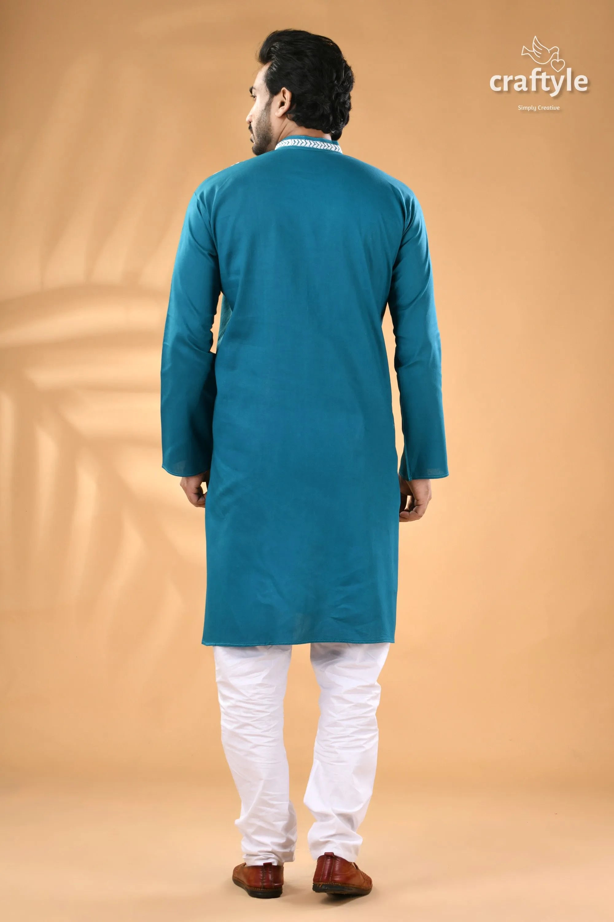 White thread kantha embroidery eastern blue cotton men’s kurta teal 6