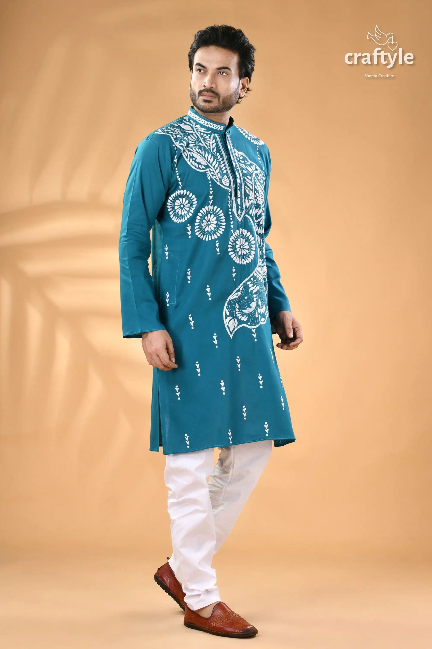 White thread kantha embroidery eastern blue cotton men’s kurta men’s teal blue embroidered kurta 4
