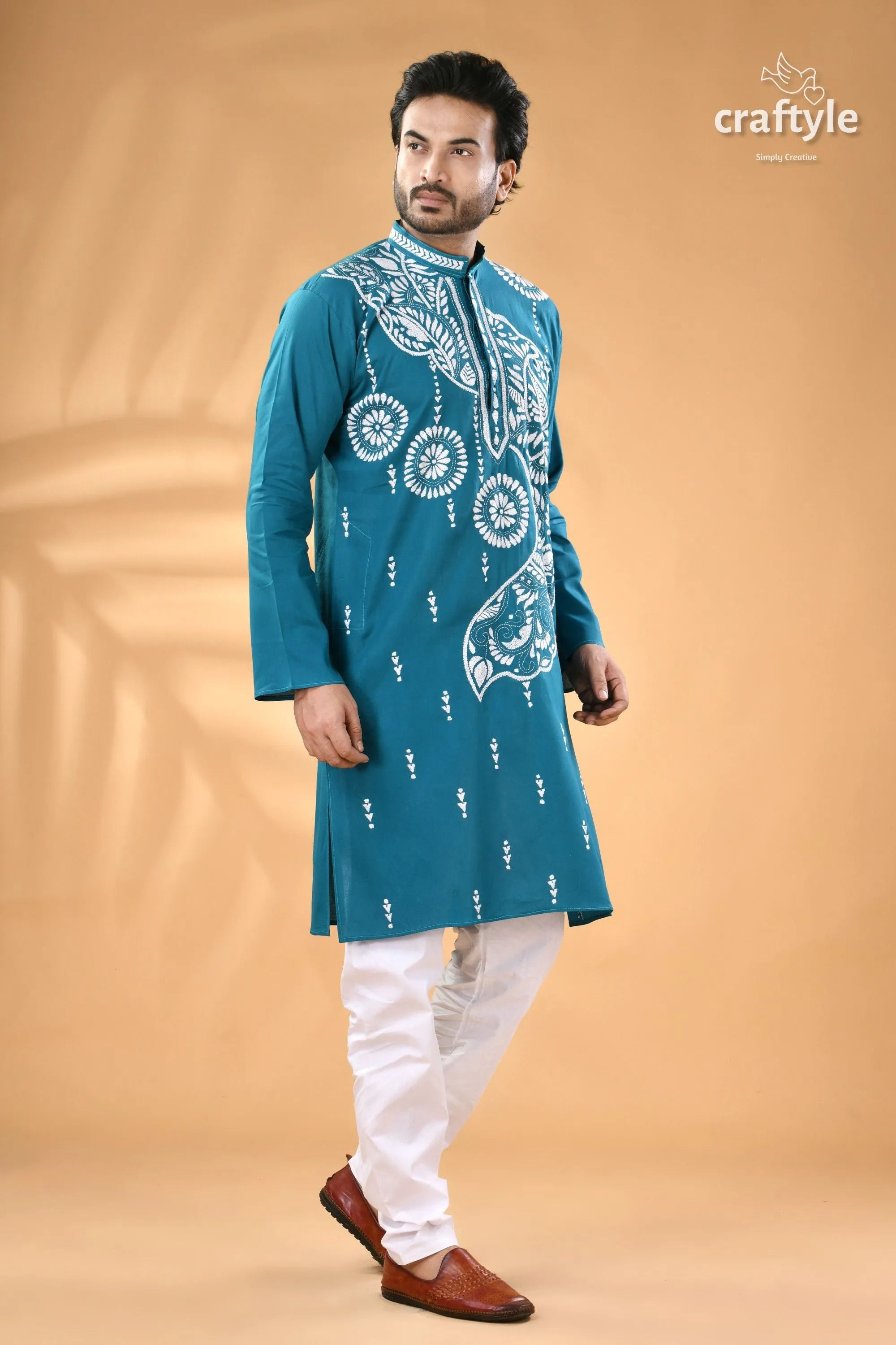 White thread kantha embroidery eastern blue cotton men’s kurta teal embroidered 4