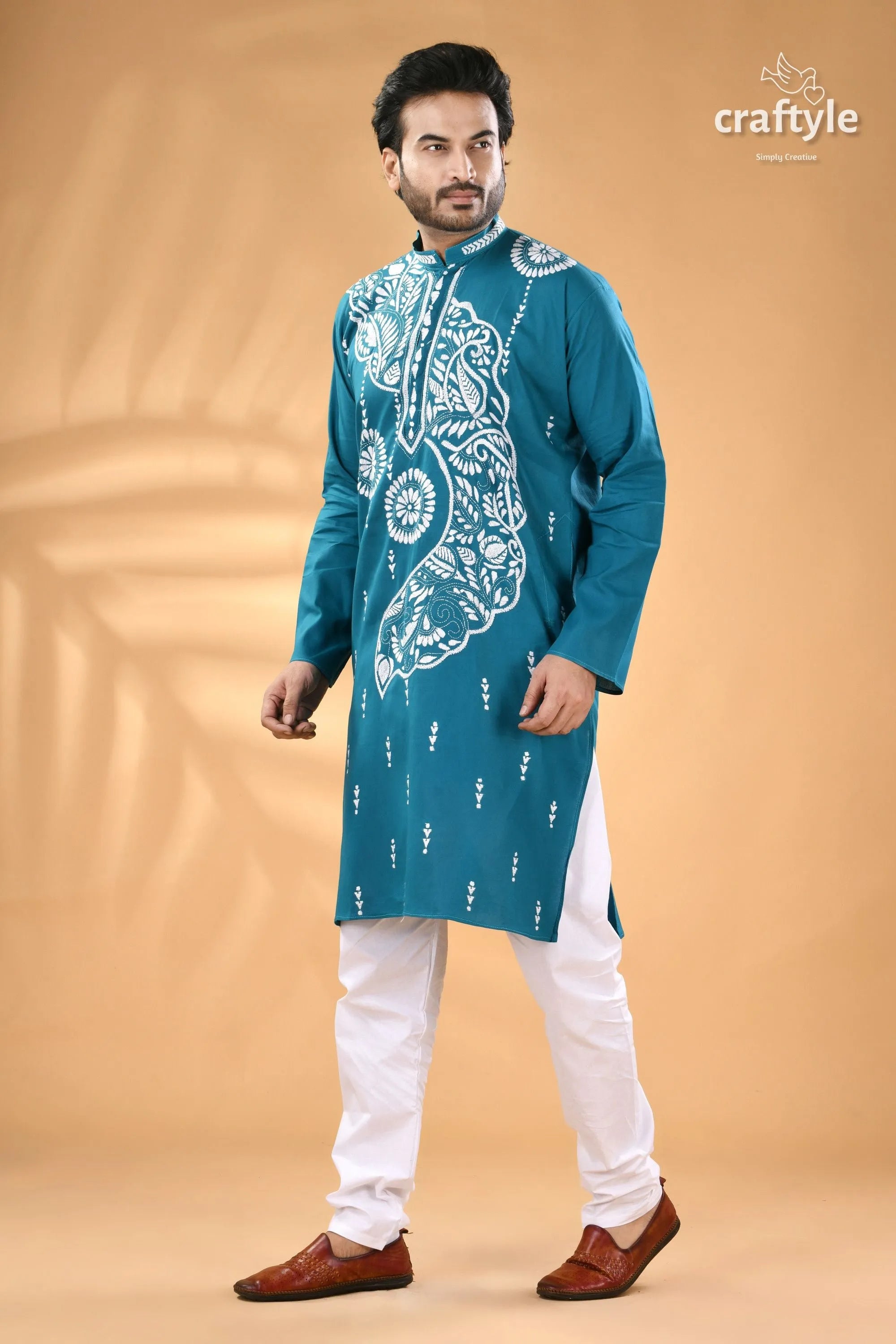 White thread kantha embroidery eastern blue cotton men’s kurta teal intricate 5