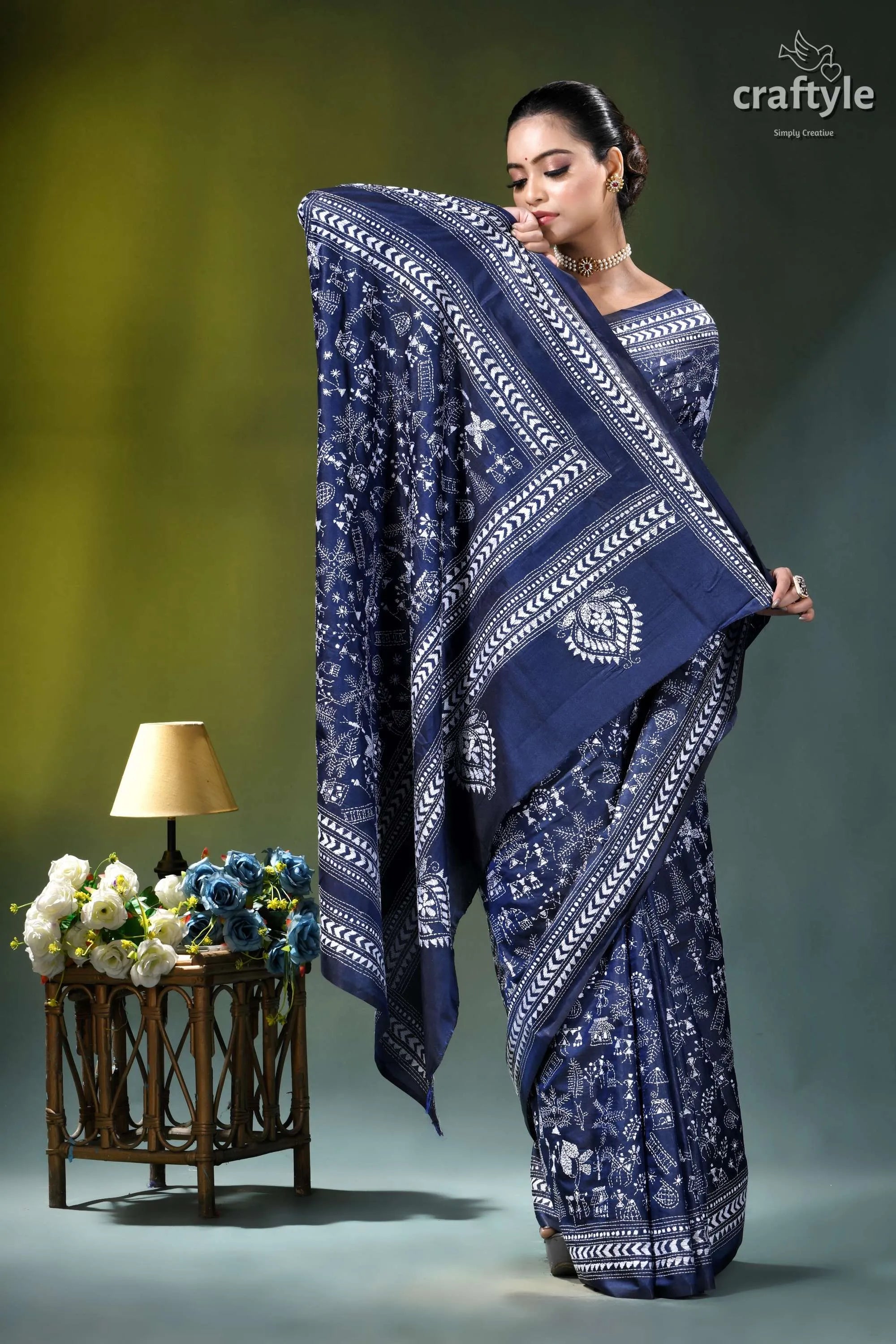 White thread warli design hand kantha silk saree in blue navy blue saree intricate white 5
