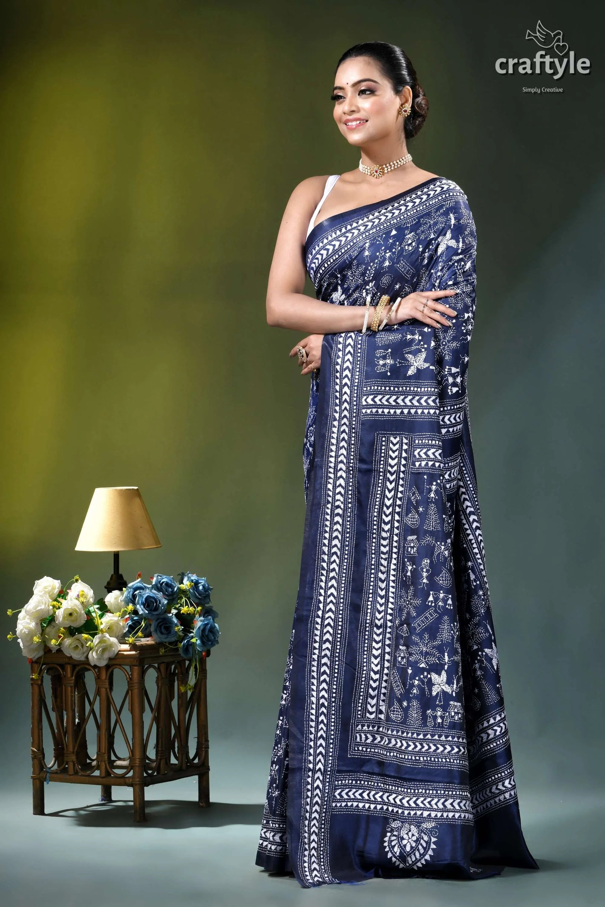 White thread warli design hand kantha silk saree in blue navy blue saree intricate white 3
