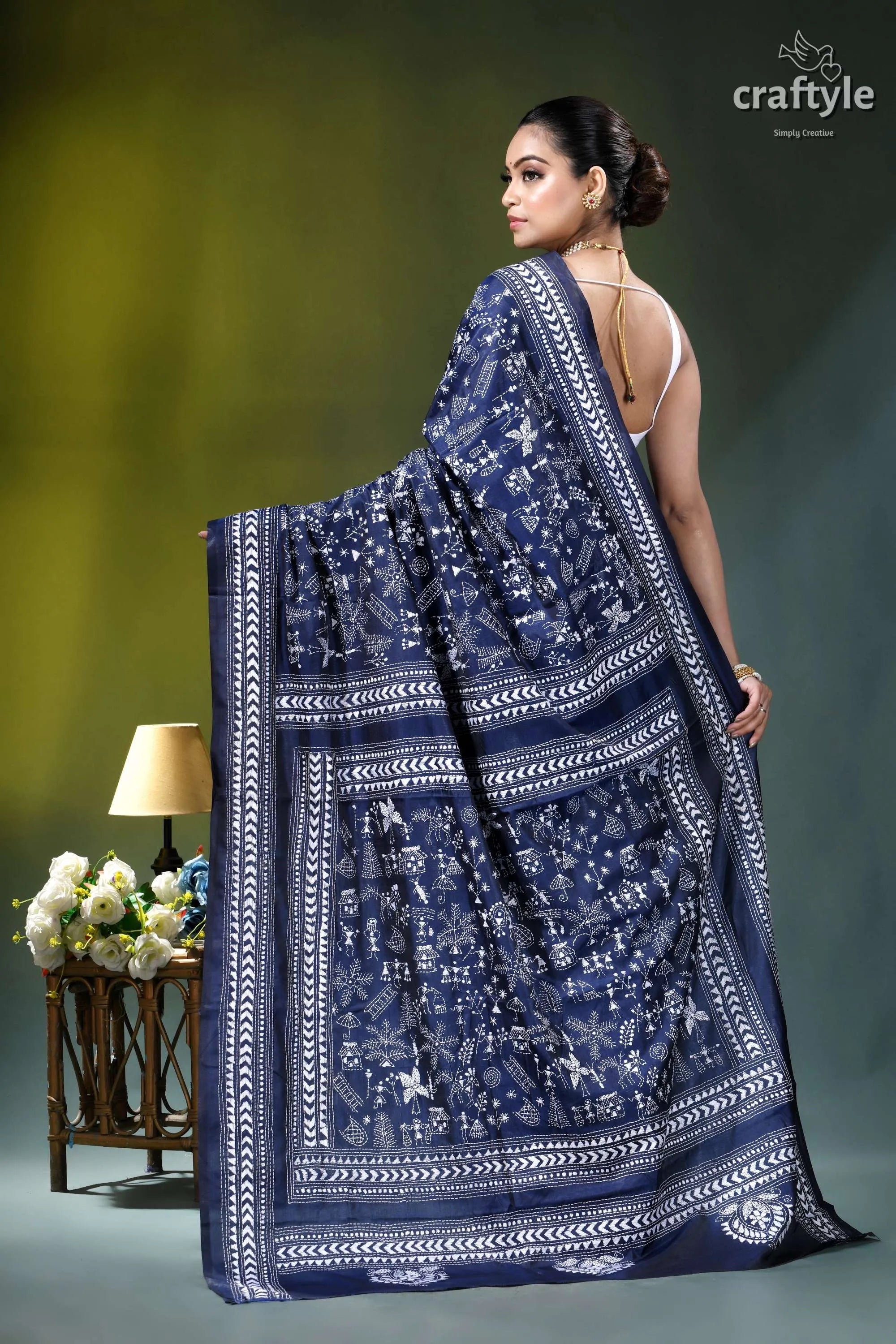 White thread warli design hand kantha silk saree in blue deep navy blue saree intricate 6