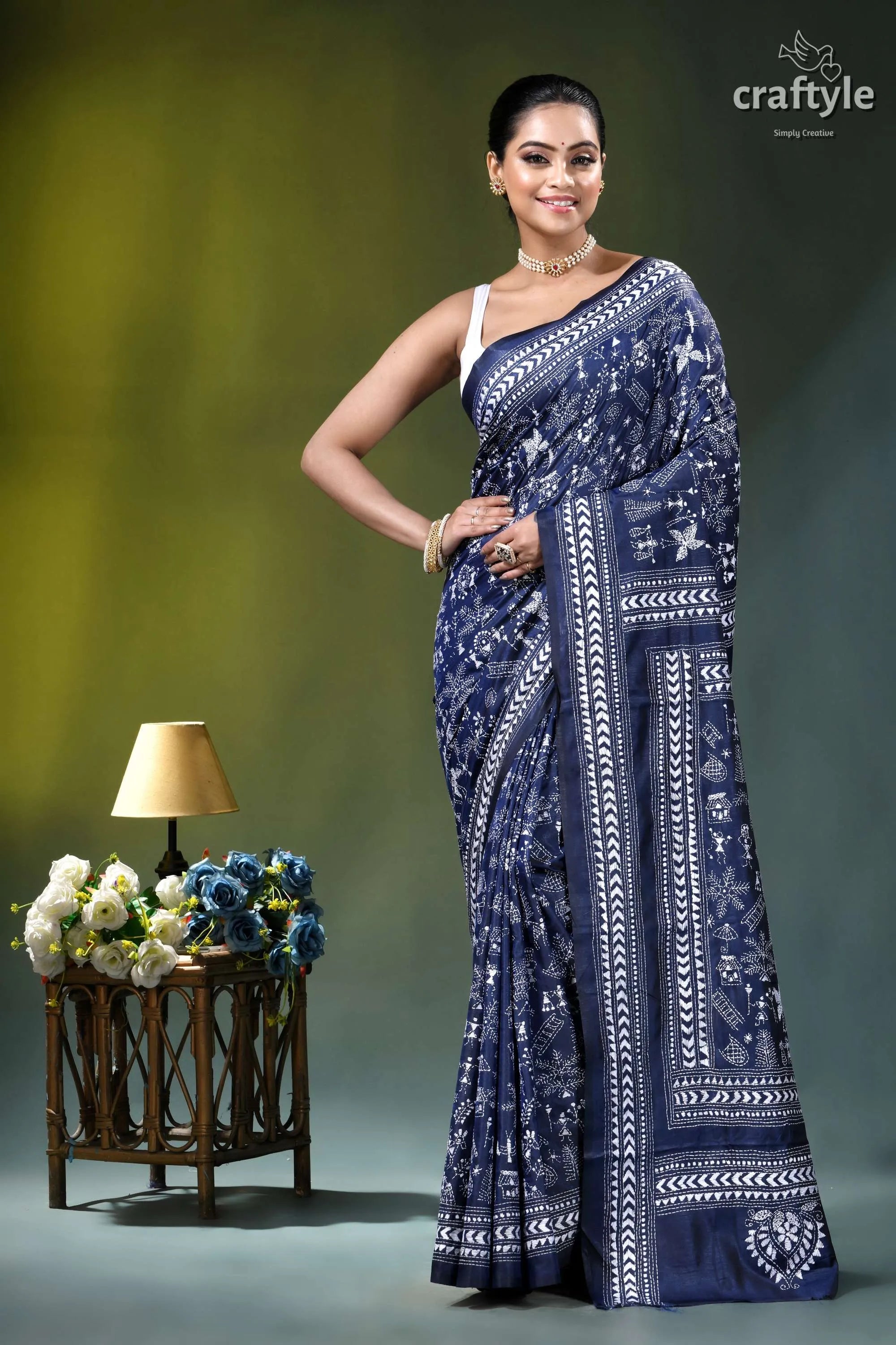White thread warli design hand kantha silk saree in blue navy blue saree intricate white 7