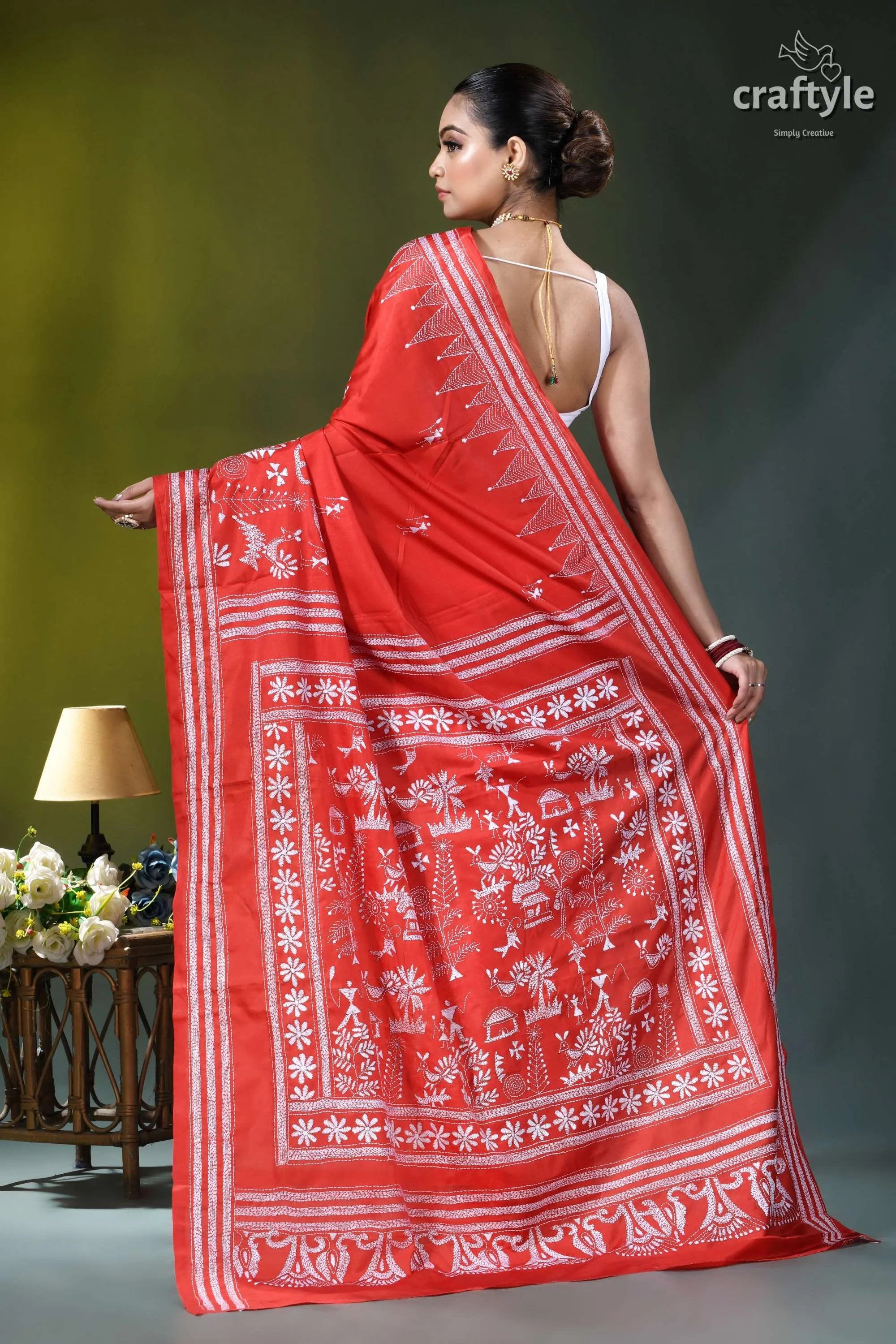 White thread warli design handcrafted silk kantha saree in persian red vibrant red saree intricate white 5