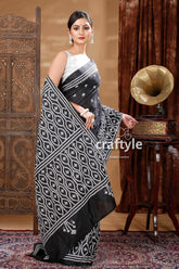 White Thread Work Onyx Black Elegant Silk Kantha Saree-Craftyle