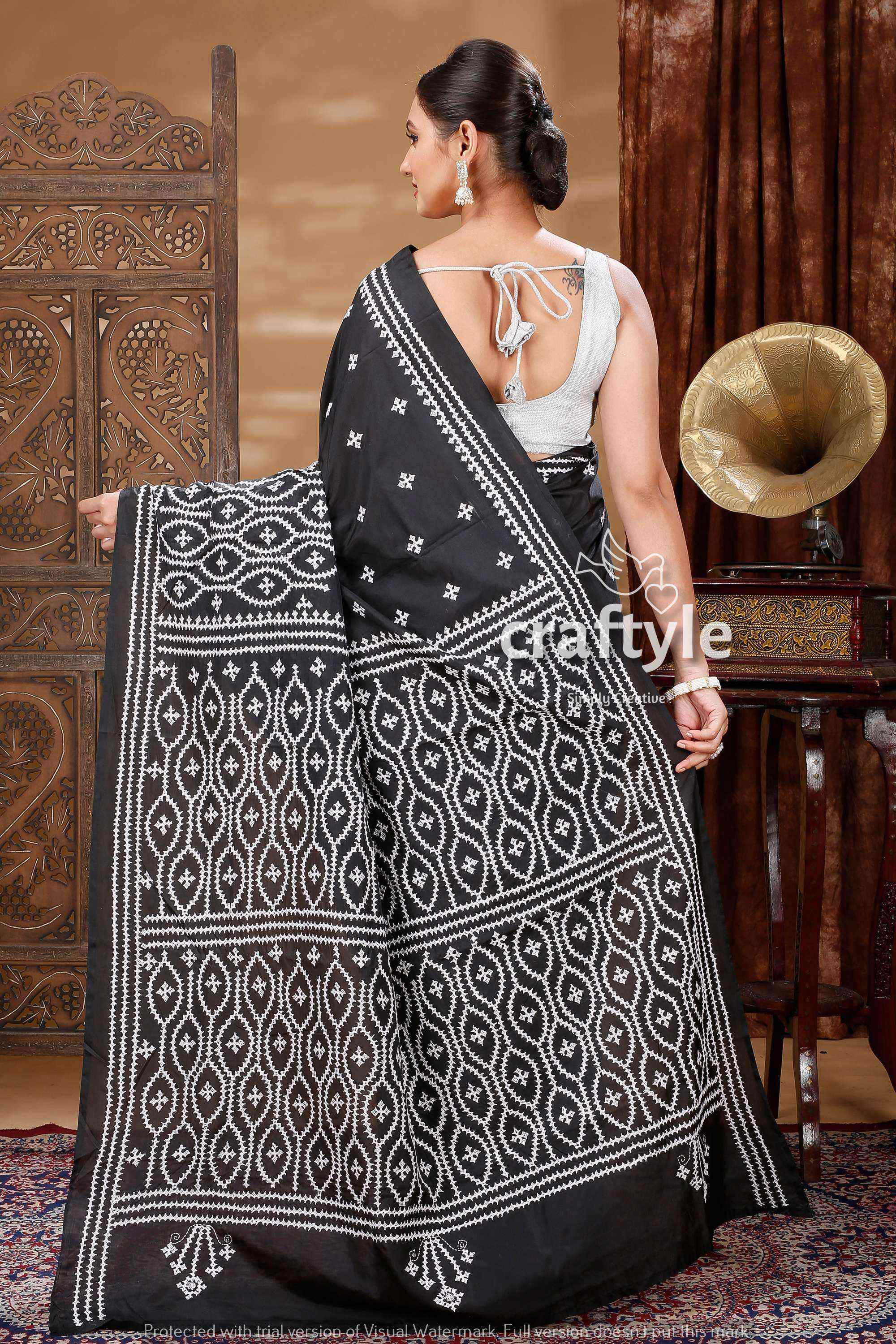 White Thread Work Onyx Black Elegant Silk Kantha Saree-Craftyle
