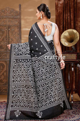White thread work onyx black elegant silk kantha saree black saree white embroidery 5