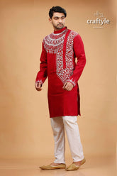 White Thread Work Paprika Red Kantha Mens Kurta - Craftyle