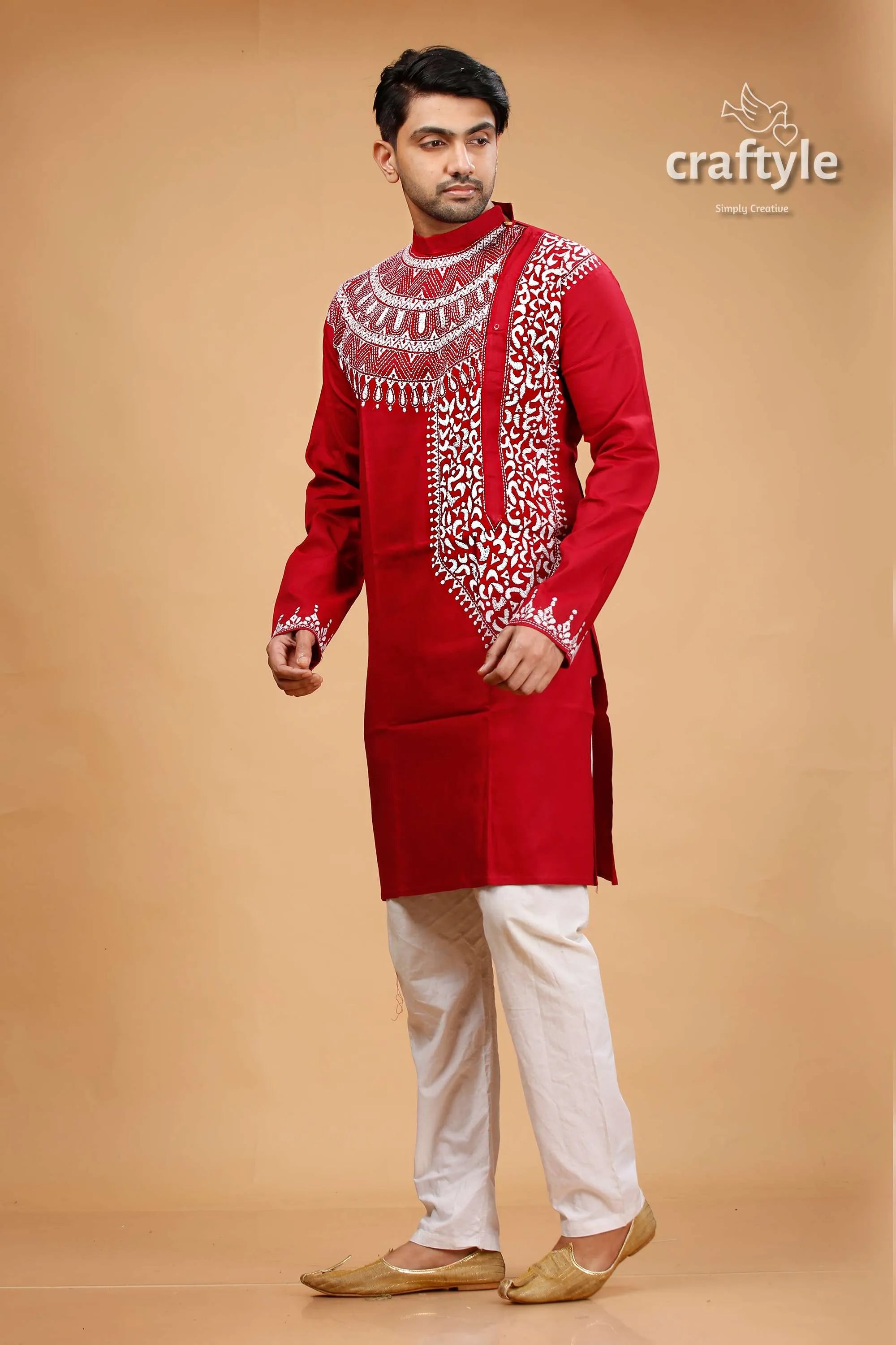 White thread work paprika red kantha mens kurta red white embroidered kurta gold 3