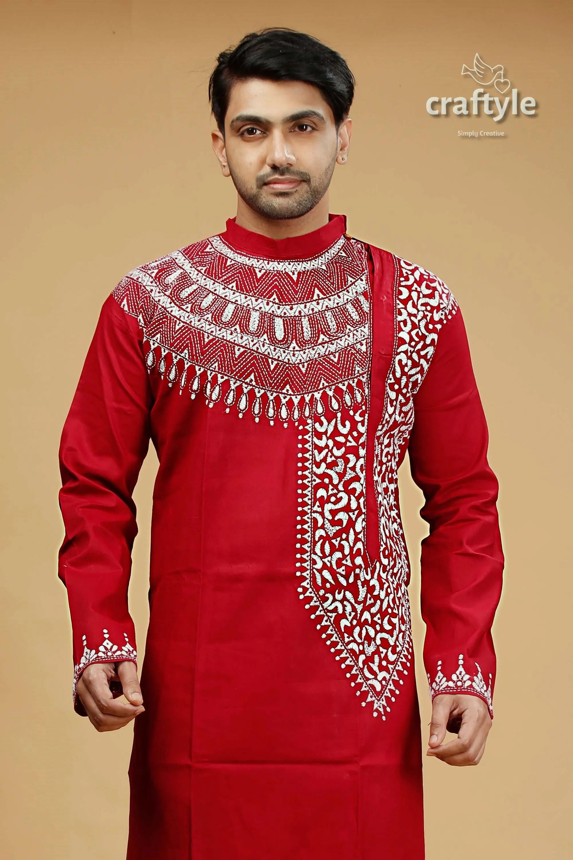 White thread work paprika red kantha mens kurta red embroidered kurta shirt intricate 2