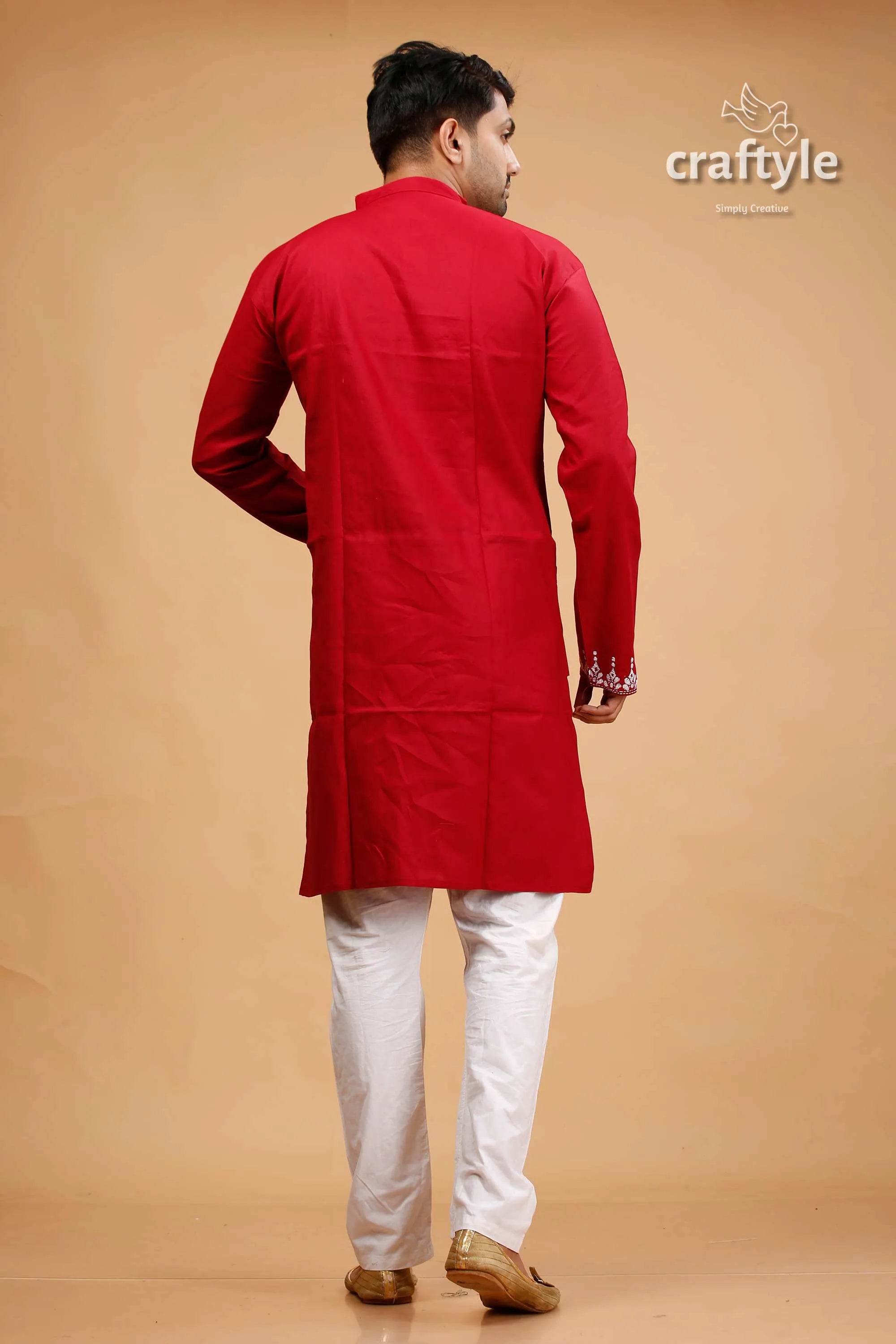 White thread work paprika red kantha mens kurta red linen kurta white pants 5