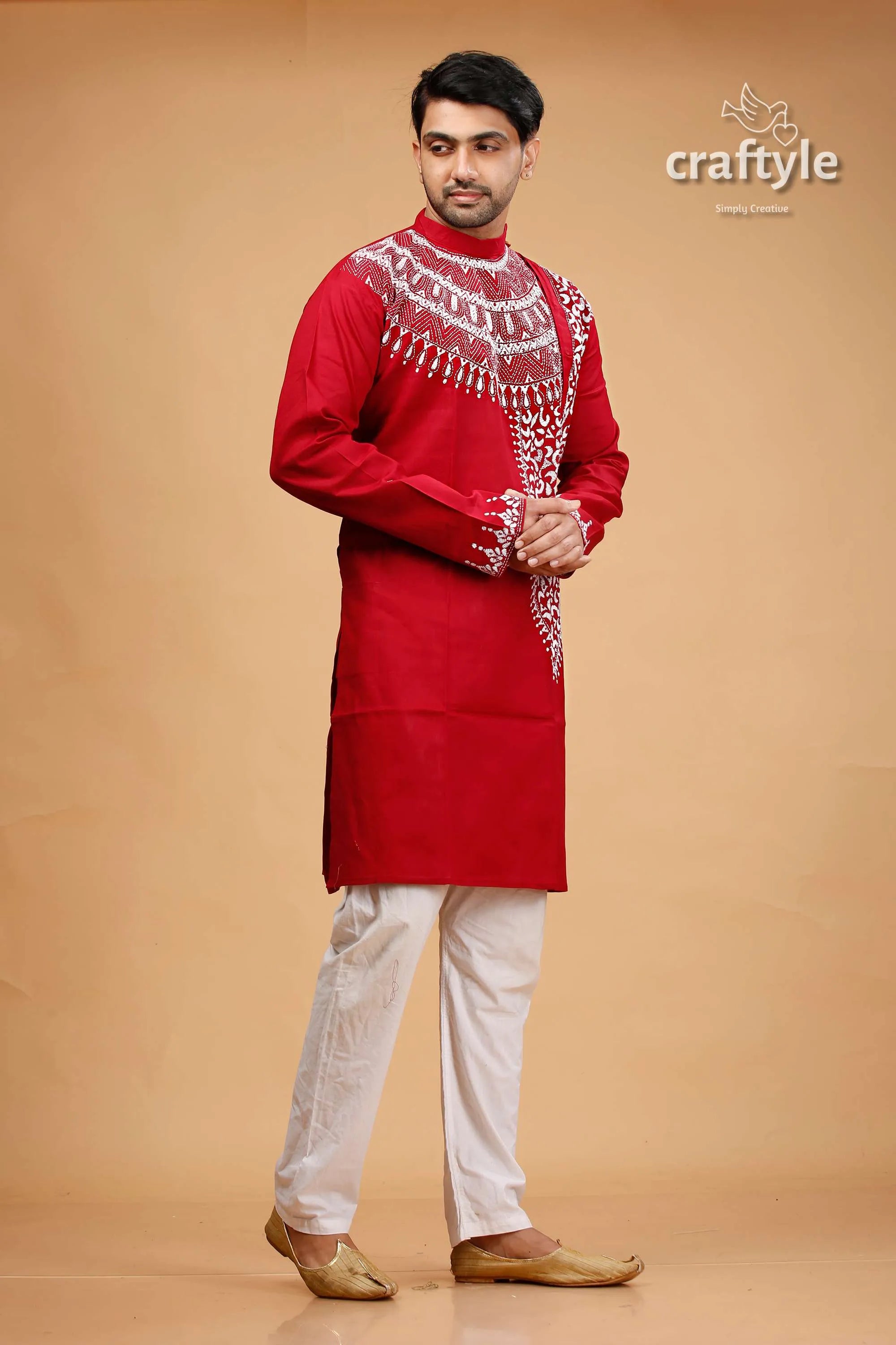 White thread work paprika red kantha mens kurta red embroidered kurta white pants 4