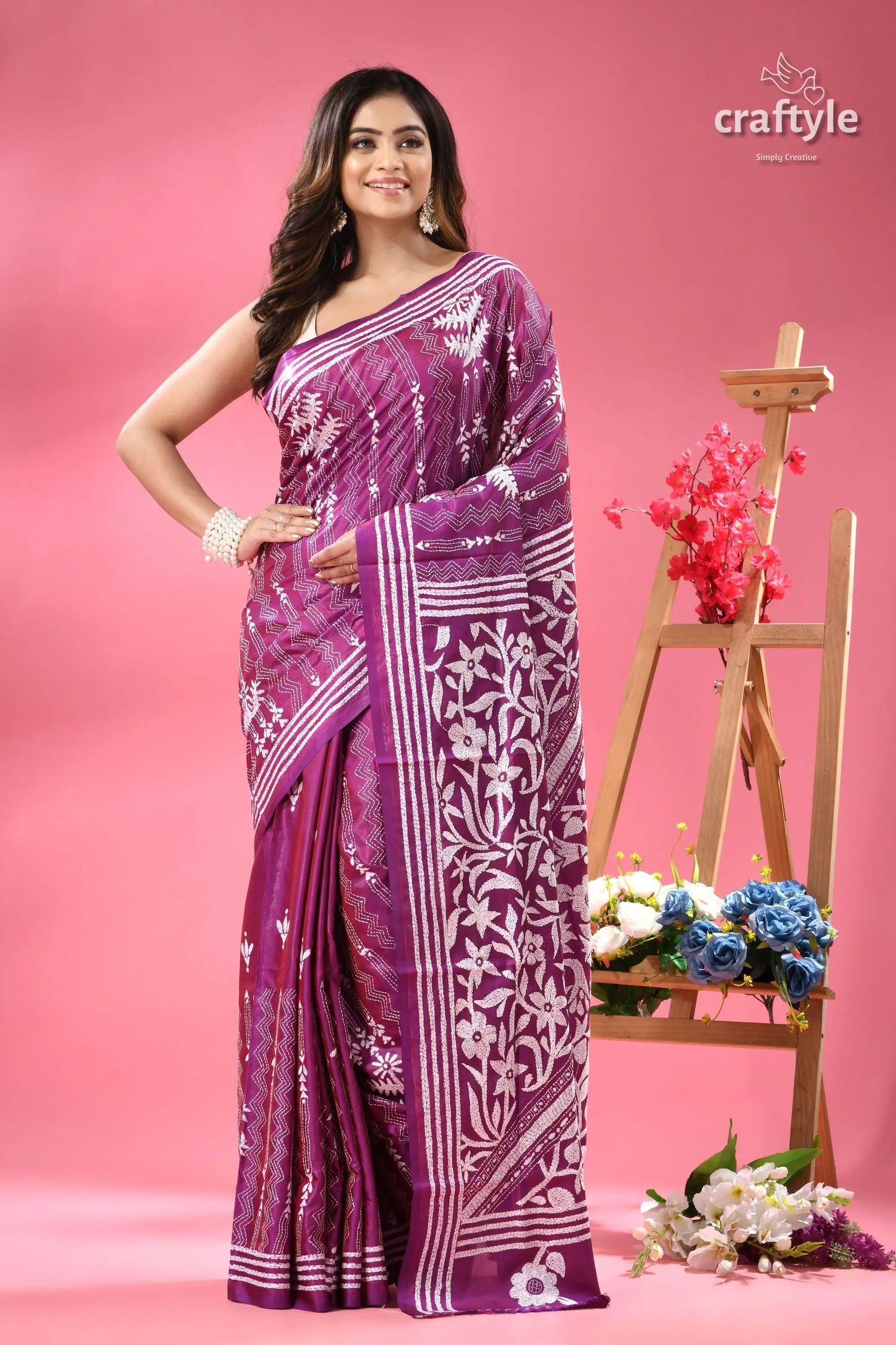 White thread work purple kantha embroidery silk saree purple white patterned silk saree 6