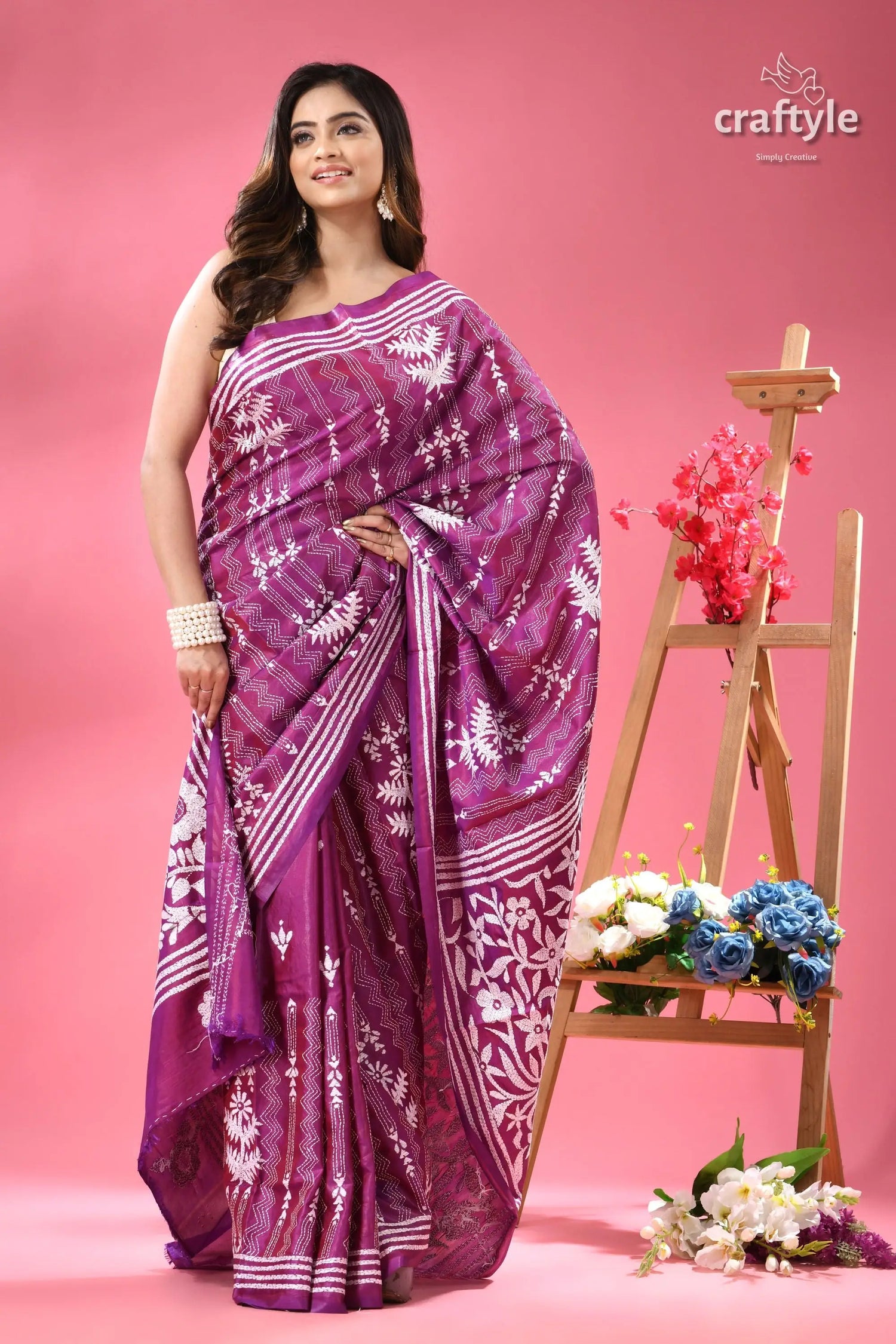 White thread work purple kantha embroidery silk saree woman vibrant purple white printed 5