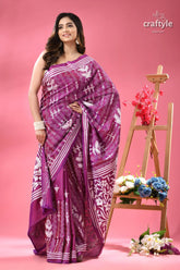 White thread work purple kantha embroidery silk saree woman vibrant purple white printed 5