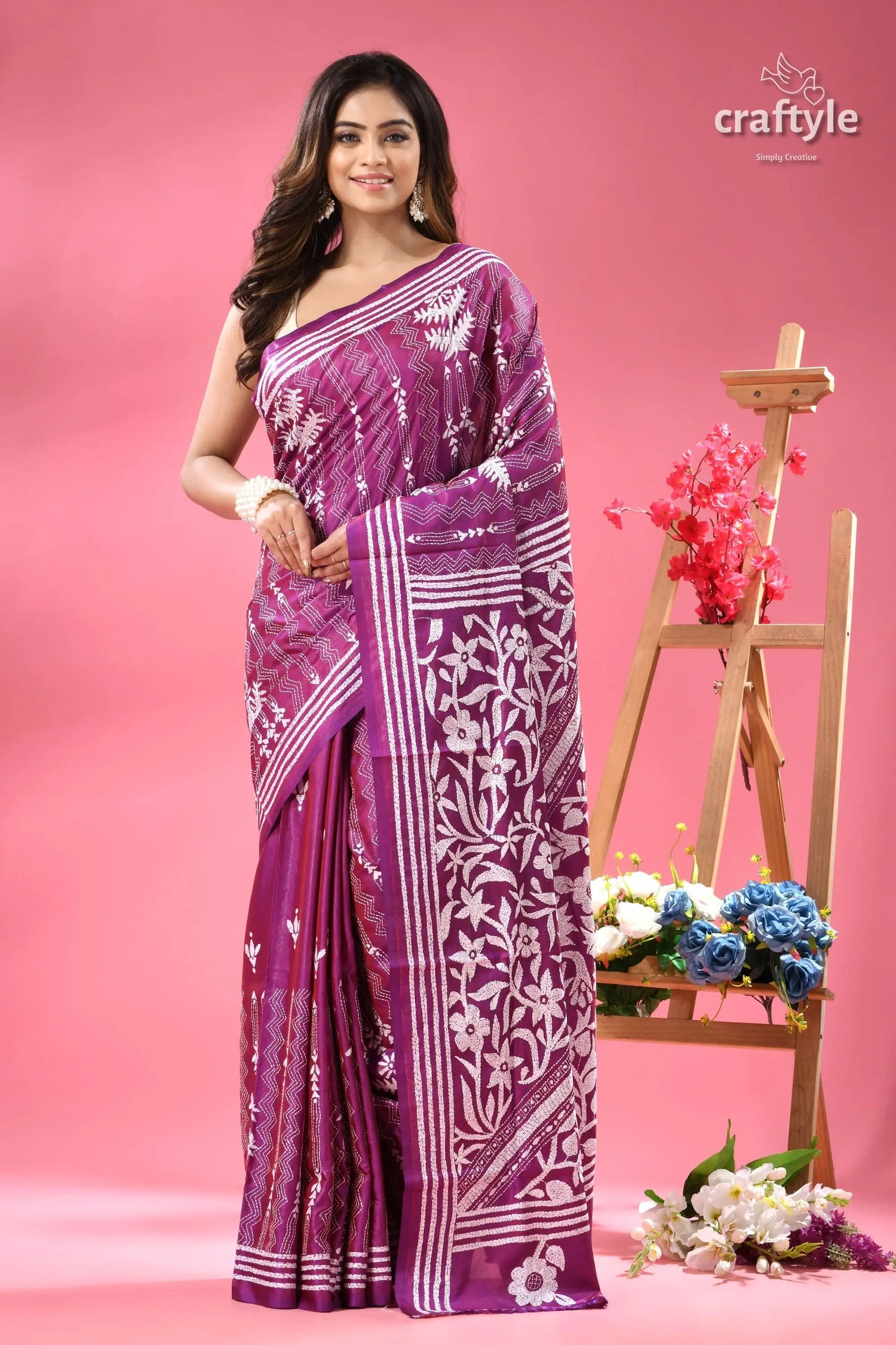 White thread work purple kantha embroidery silk saree purple white floral patterned cotton 1