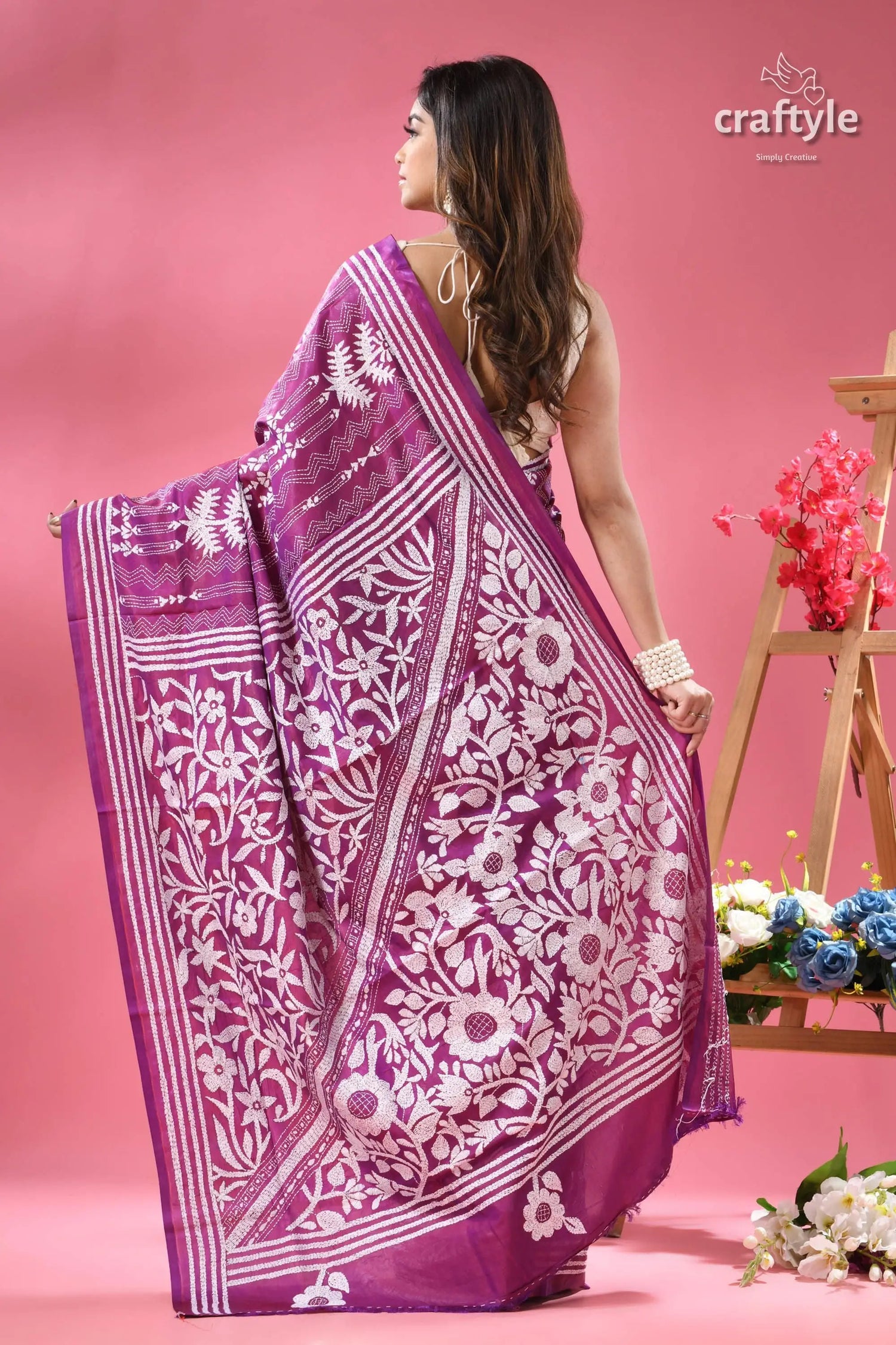 White thread work purple kantha embroidery silk saree vibrant purple saree white floral 4