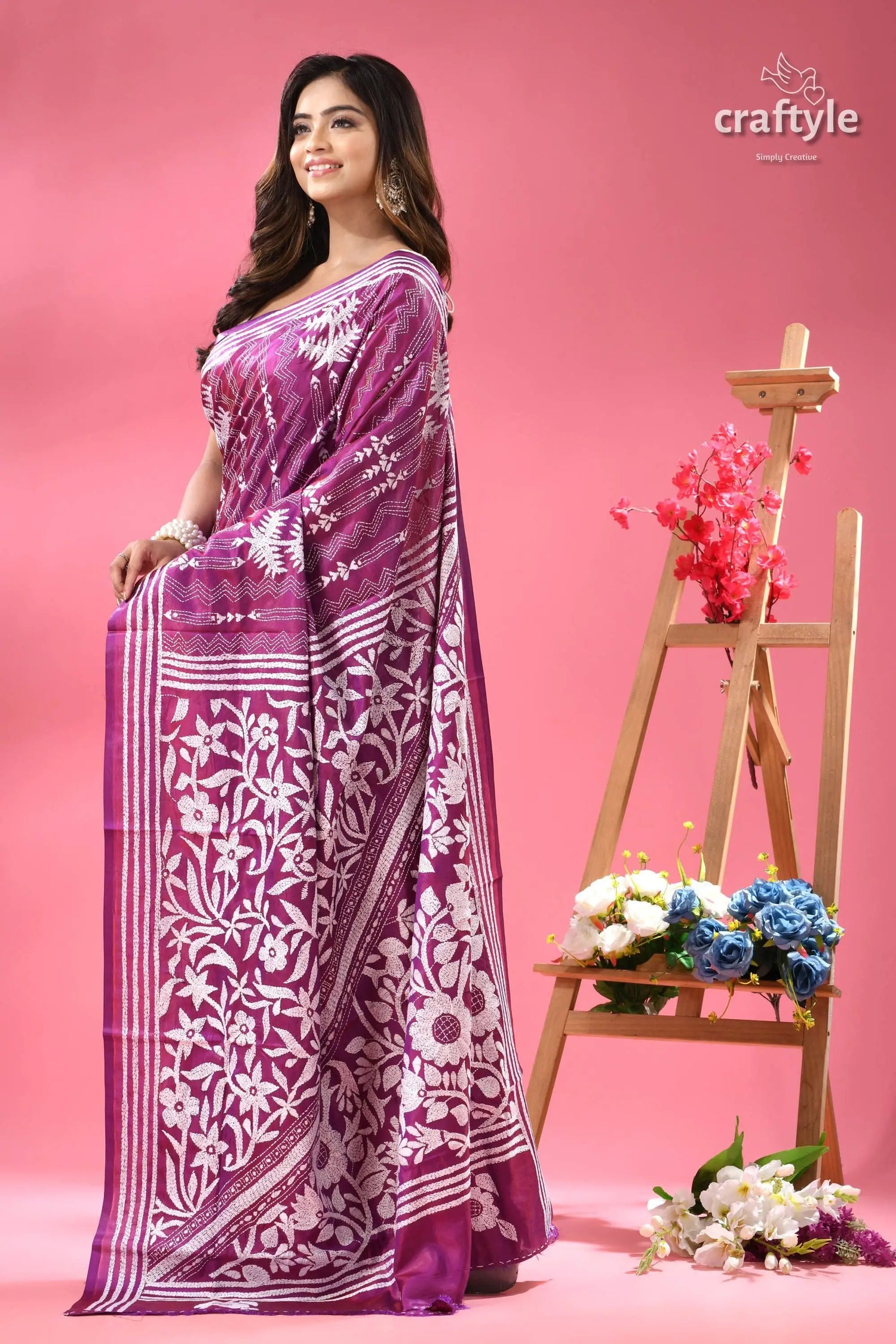 White thread work purple kantha embroidery silk saree magenta white floral patterned cotton 3