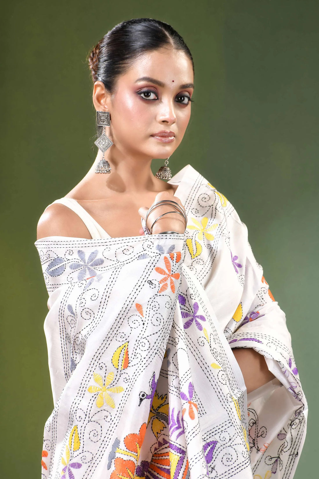 White village theme handmade kantha work silk saree colorful floral embroidery 2