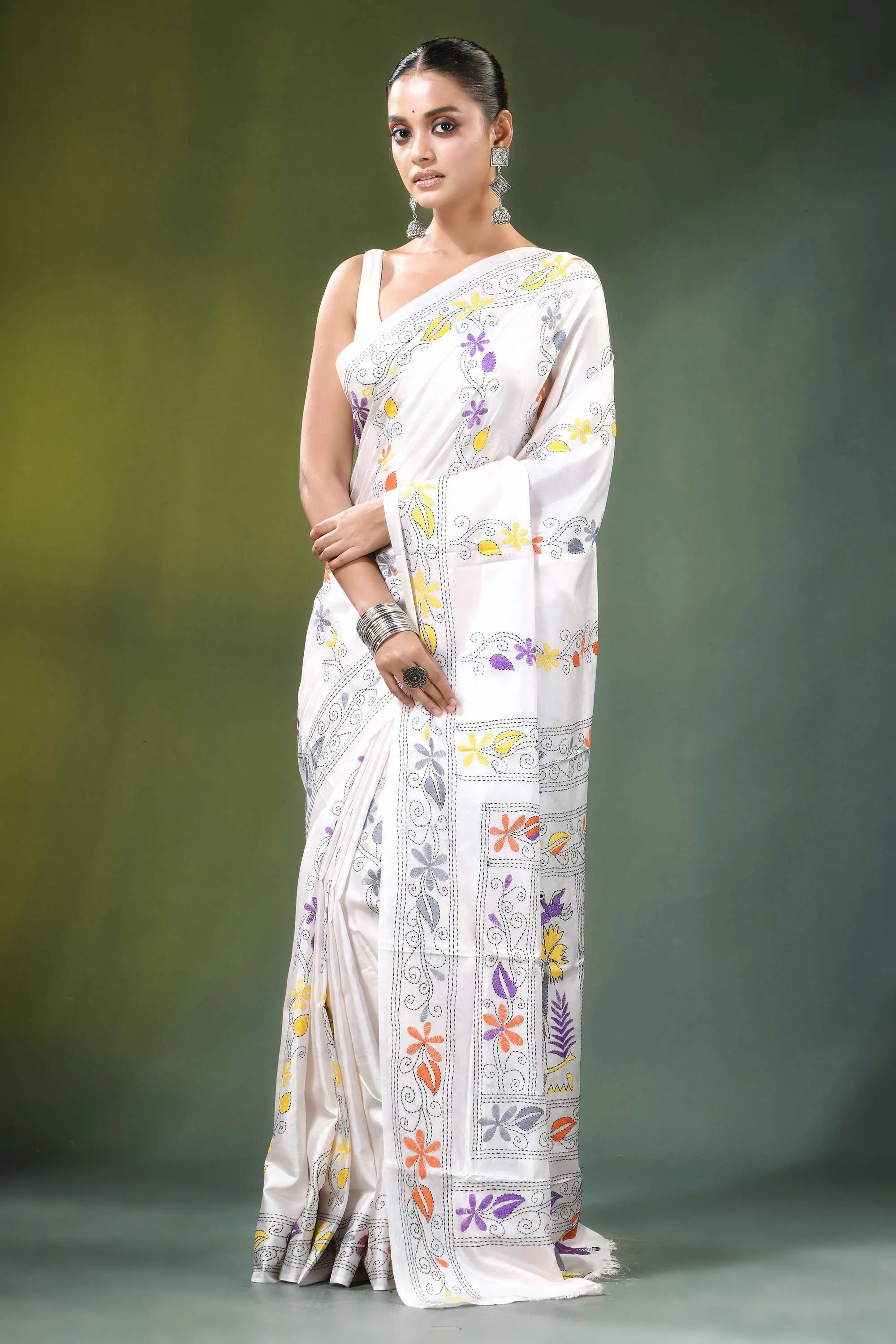 White village theme handmade kantha work silk saree colorful floral 1