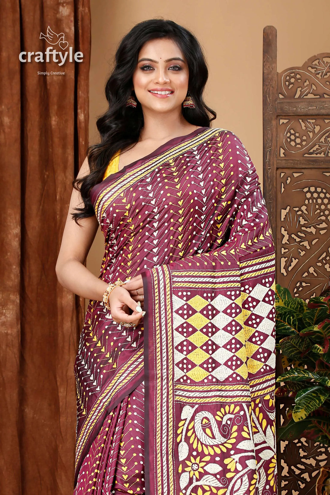 Wine berry all-over-work exquisite kantha stitch saree maroon yellow patterned saree 2