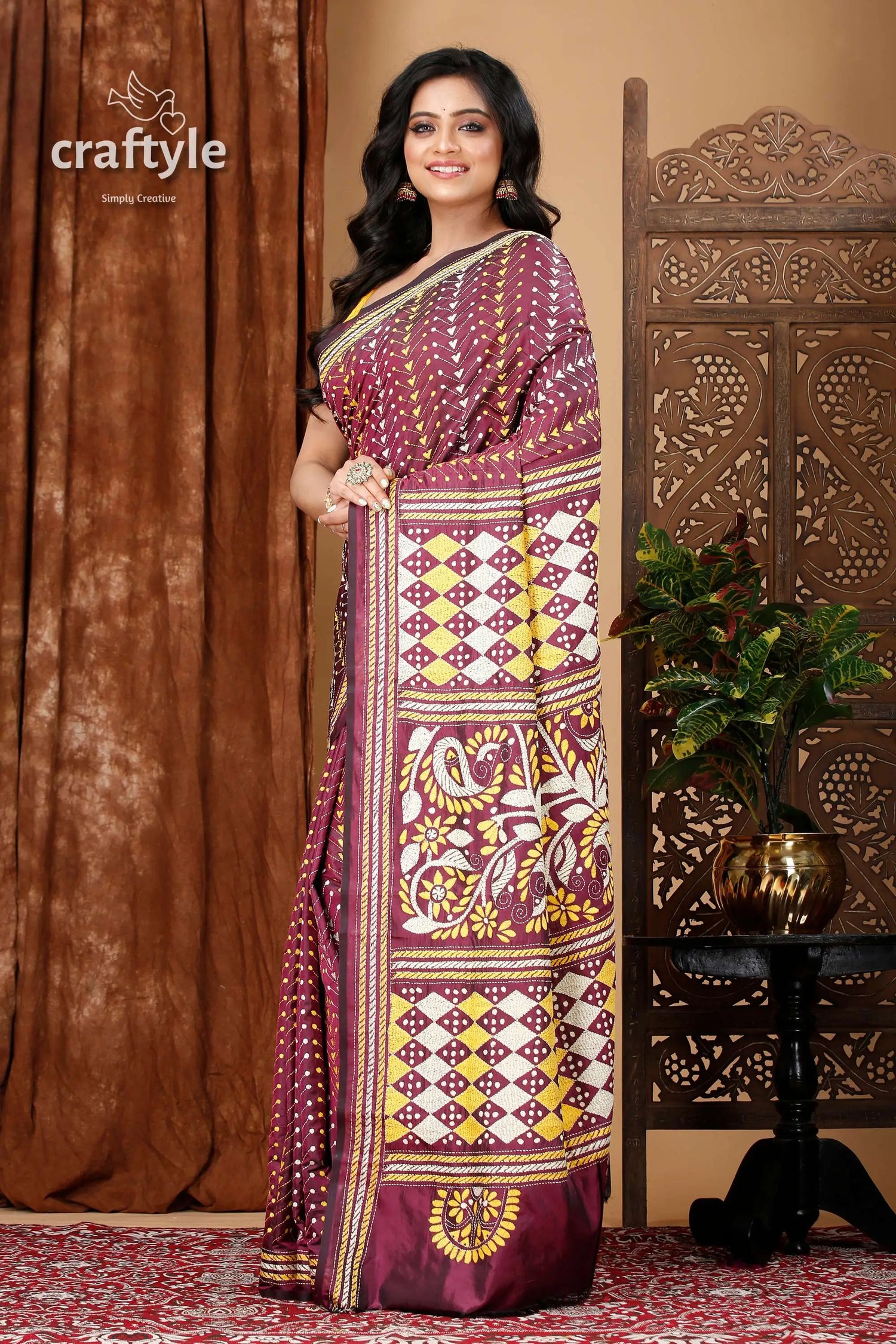 Wine berry all over work exquisite kantha stitch saree maroon yellow patterned saree 3