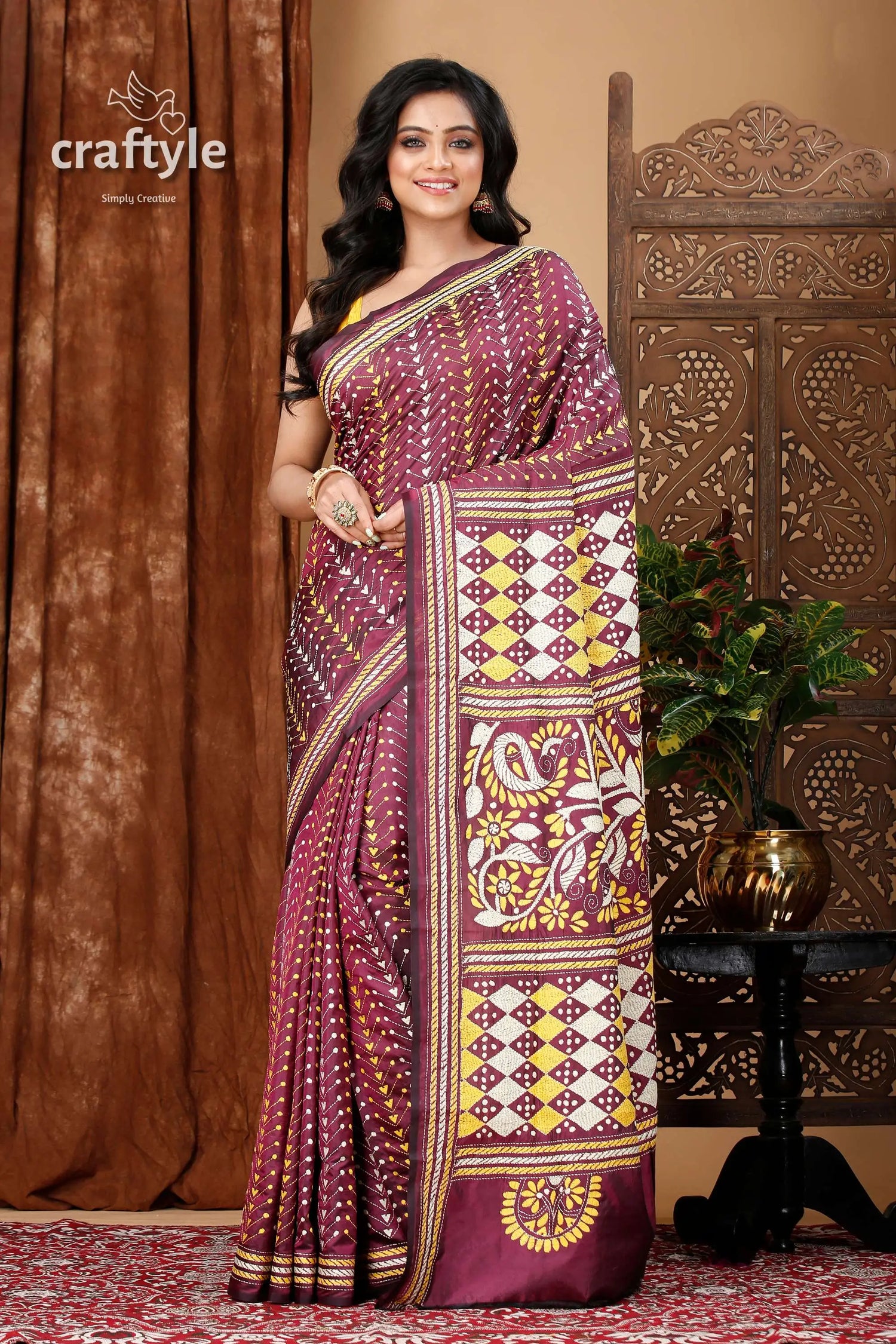 Wine berry all over work exquisite kantha stitch saree maroon saree yellow white patterns 1