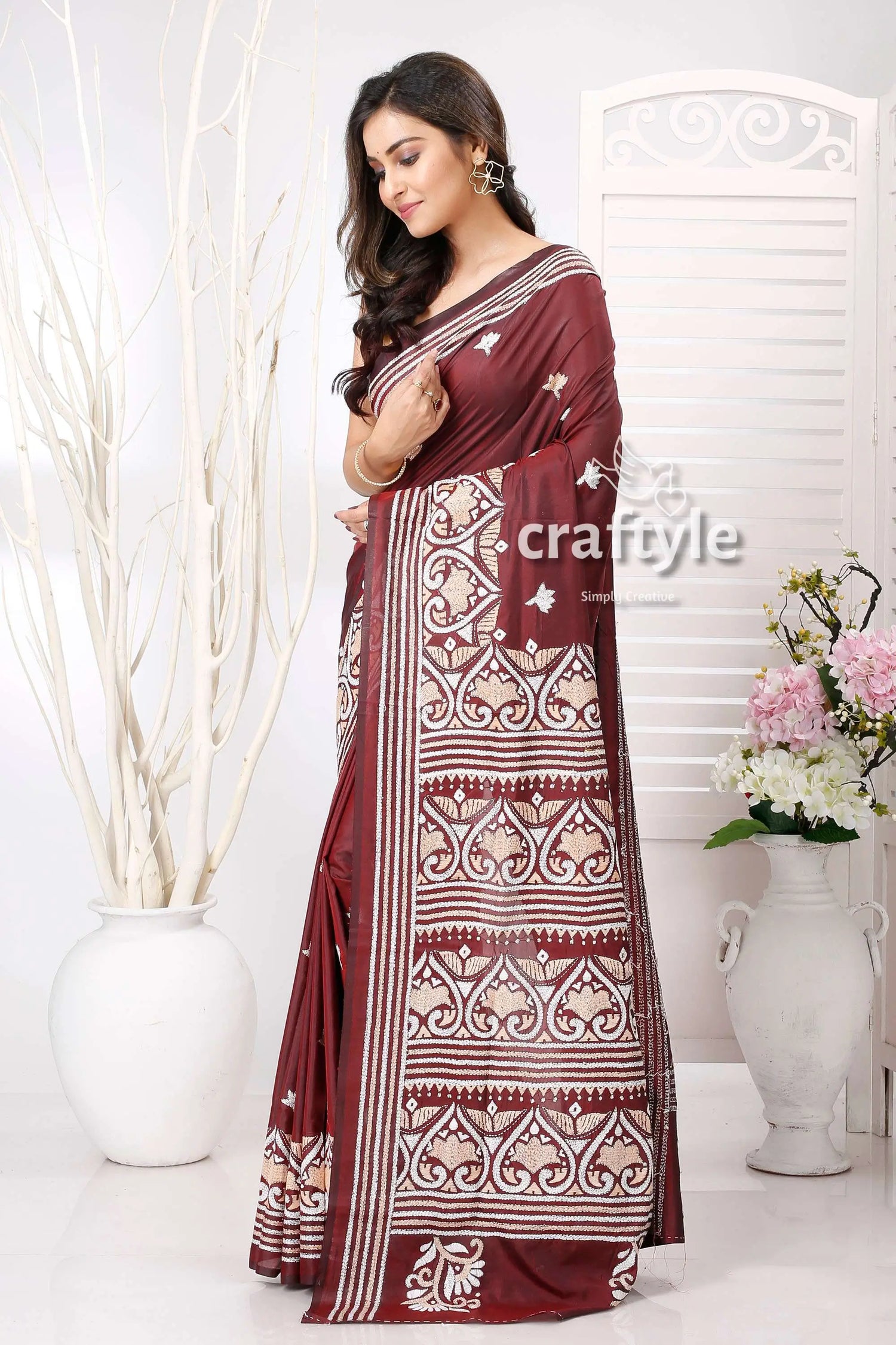 Wine berry and white exclusive kantha silk saree maroon saree white patterns 3