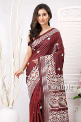 Wine berry and white exclusive kantha silk saree maroon saree white embroidery 2