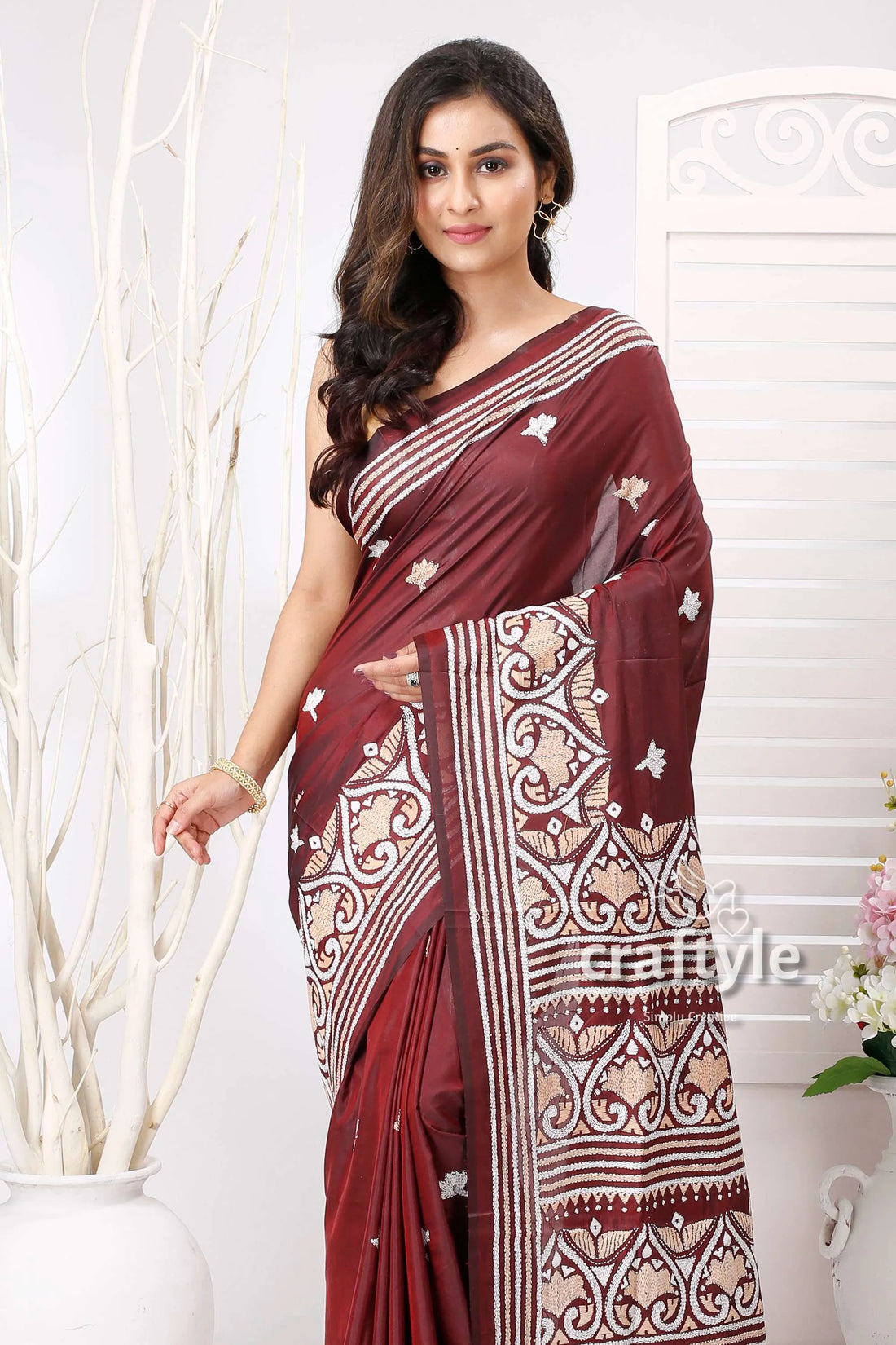 Wine berry and white exclusive kantha silk saree maroon saree white embroidery 2