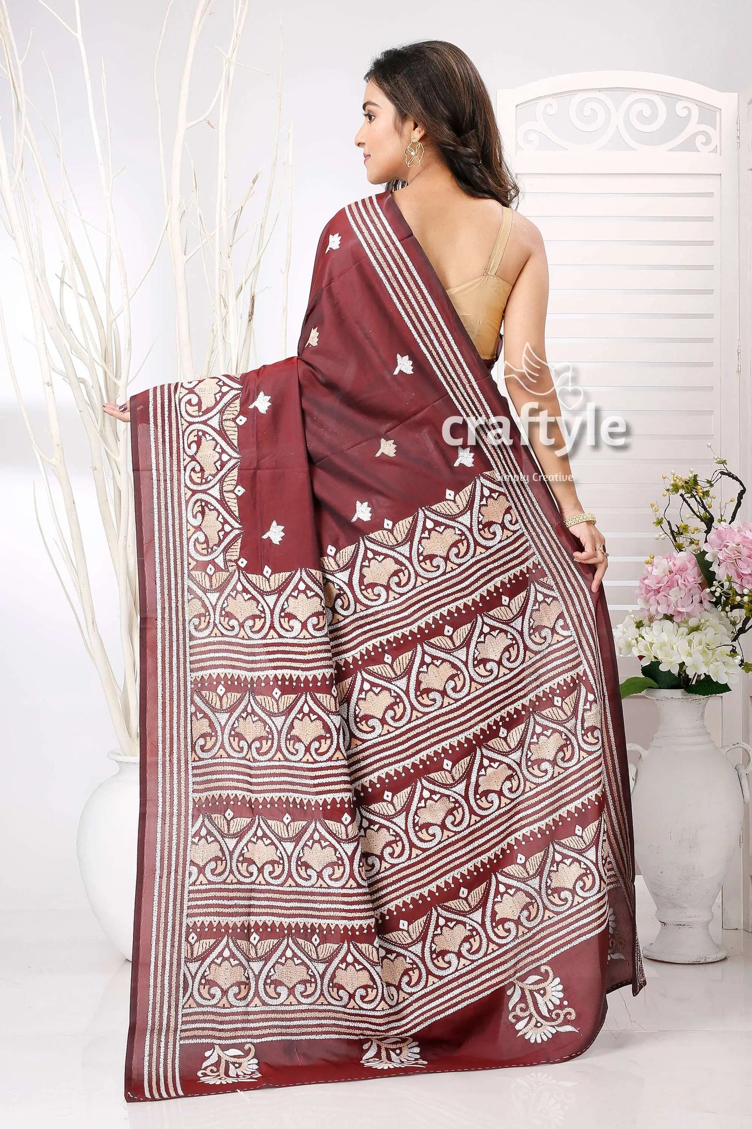 Wine berry and white exclusive kantha silk saree maroon saree intricate white patterns 4