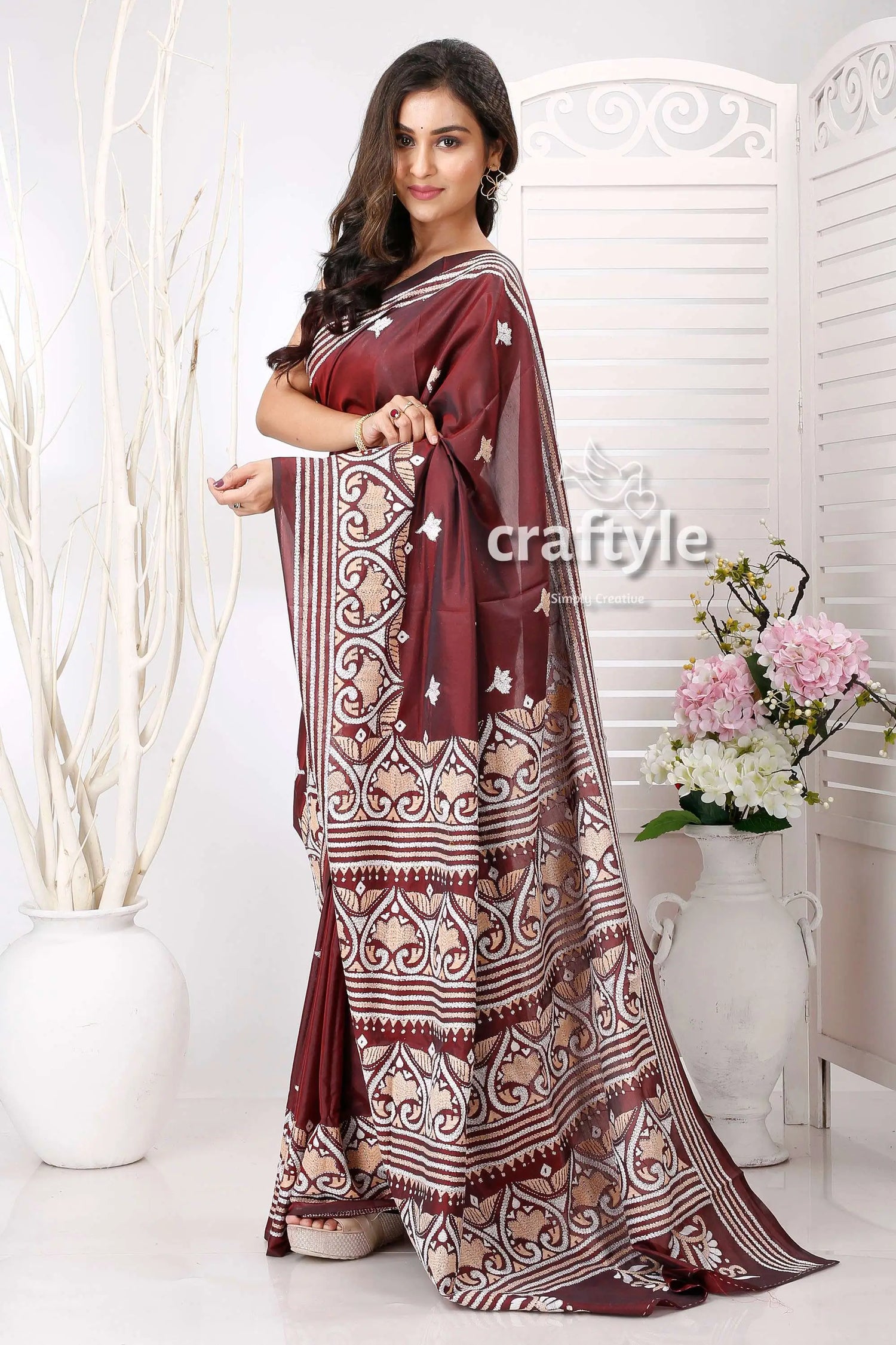 Wine berry and white exclusive kantha silk saree maroon saree patterned border 5
