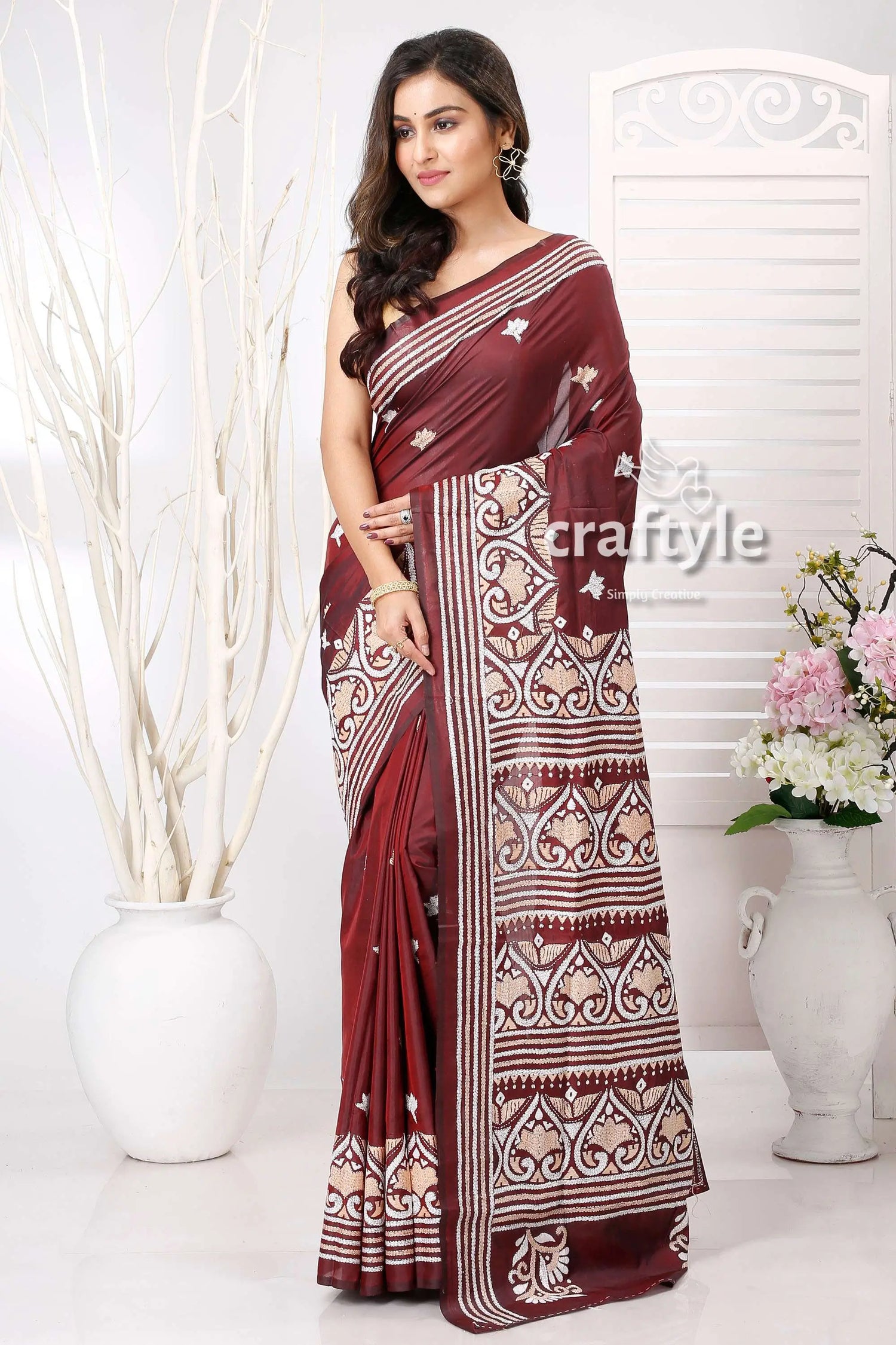 Wine berry and white exclusive kantha silk saree maroon saree patterned border 1