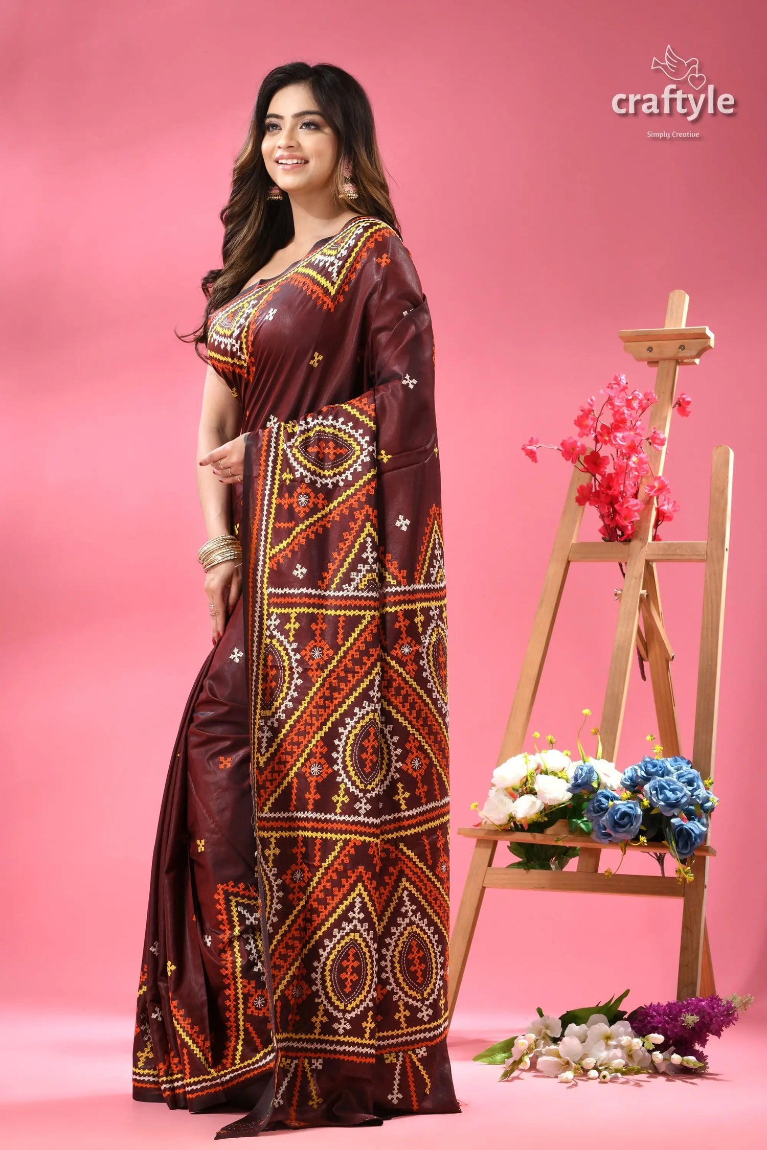 Wine berry ethnic gujrati embroidery silk saree woman dark brown saree intricate 4