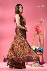 Wine berry ethnic gujrati embroidery silk saree woman dark brown saree intricate 3