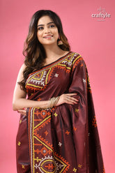 Wine berry ethnic gujrati embroidery silk saree dark brown silk saree colorful 2
