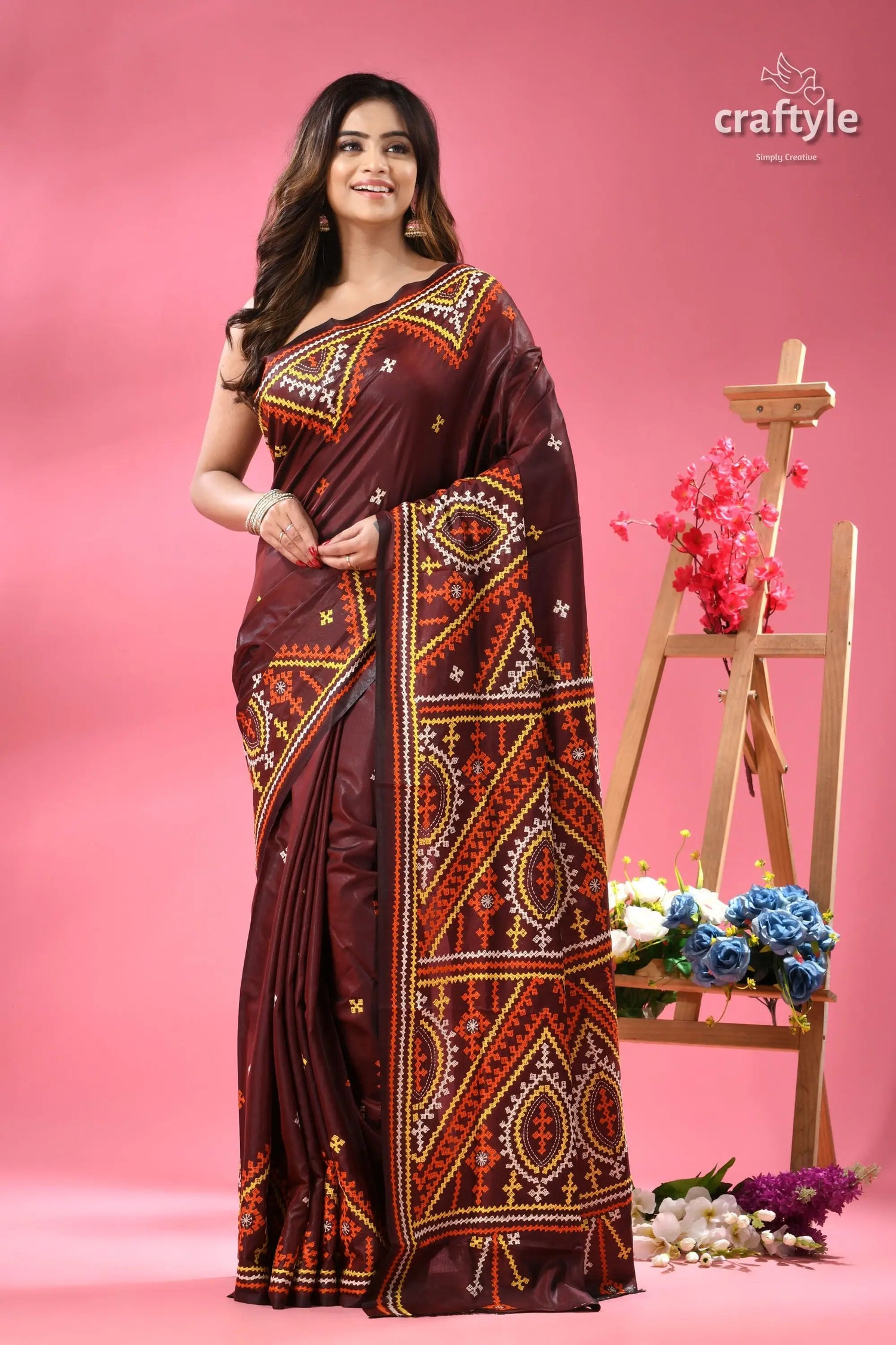 Wine berry ethnic gujrati embroidery silk saree woman dark maroon saree intricate 6