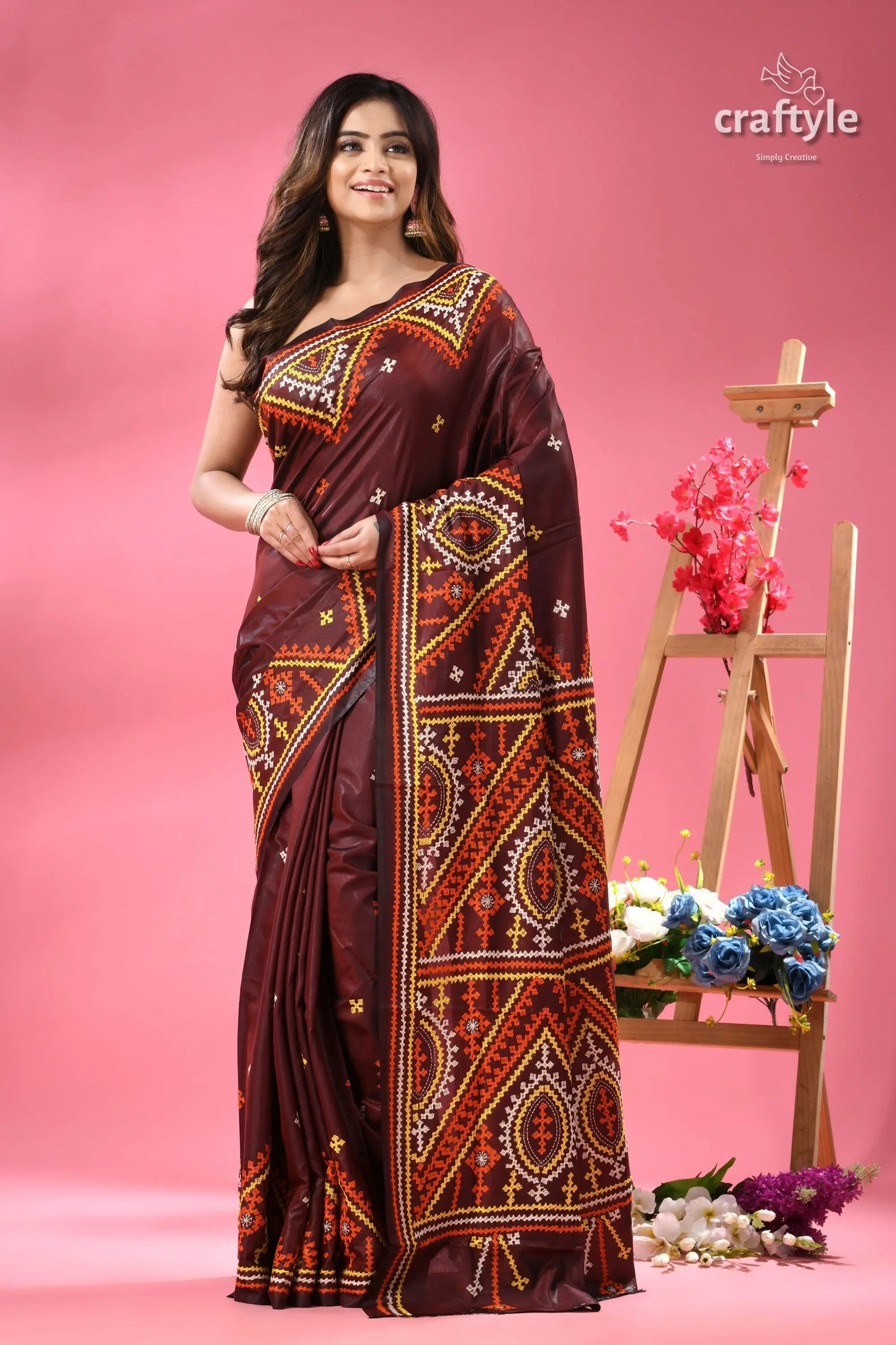 Wine berry ethnic gujrati embroidery silk saree woman dark maroon saree intricate 6