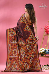 Wine berry ethnic gujrati embroidery silk saree dark brown saree intricate traditional 5