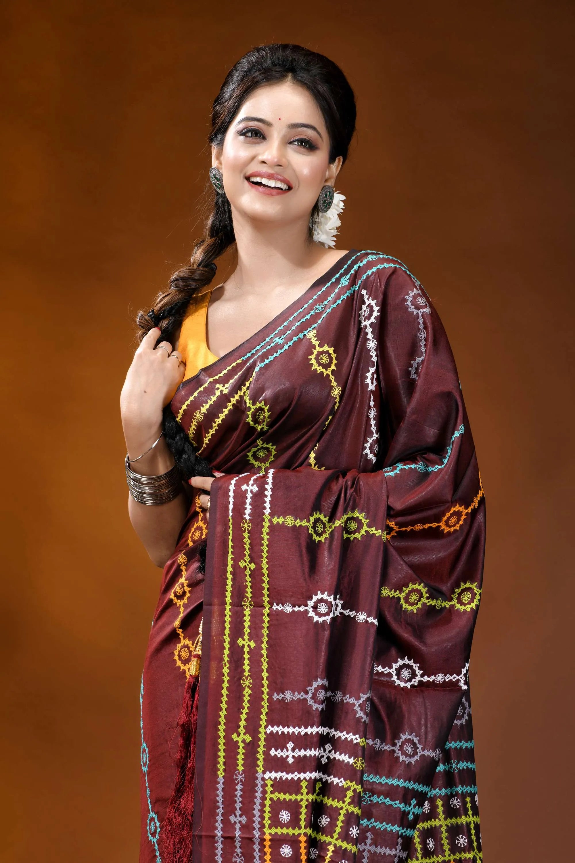 Wine berry ethnic motif handcrafted silk gujrati stitch saree maroon silk saree adorned intricate 2