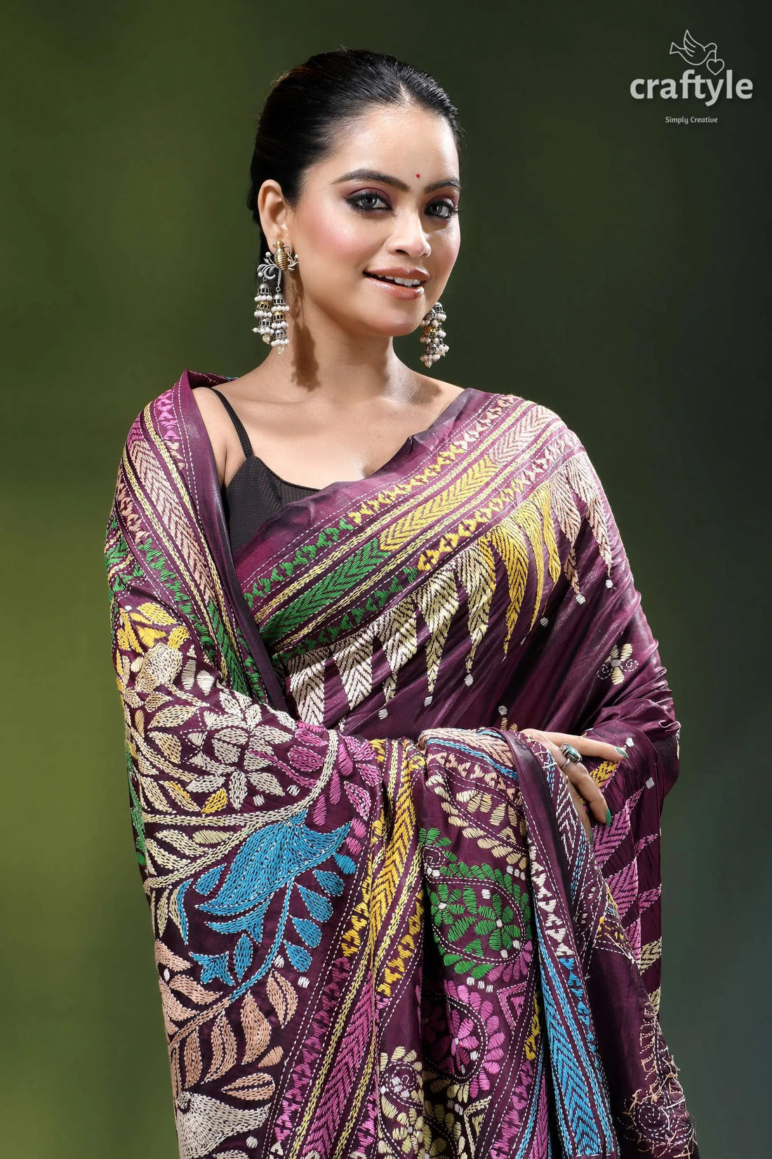 Wine berry floral design classic handmade kantha stitch silk saree maroon saree intricate multicolored embroidery 2