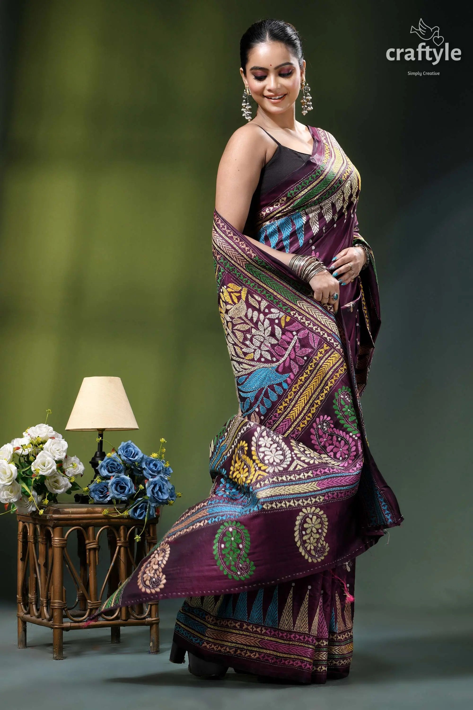 Wine berry floral design classic handmade kantha stitch silk saree maroon silk saree intricate multicolored 4