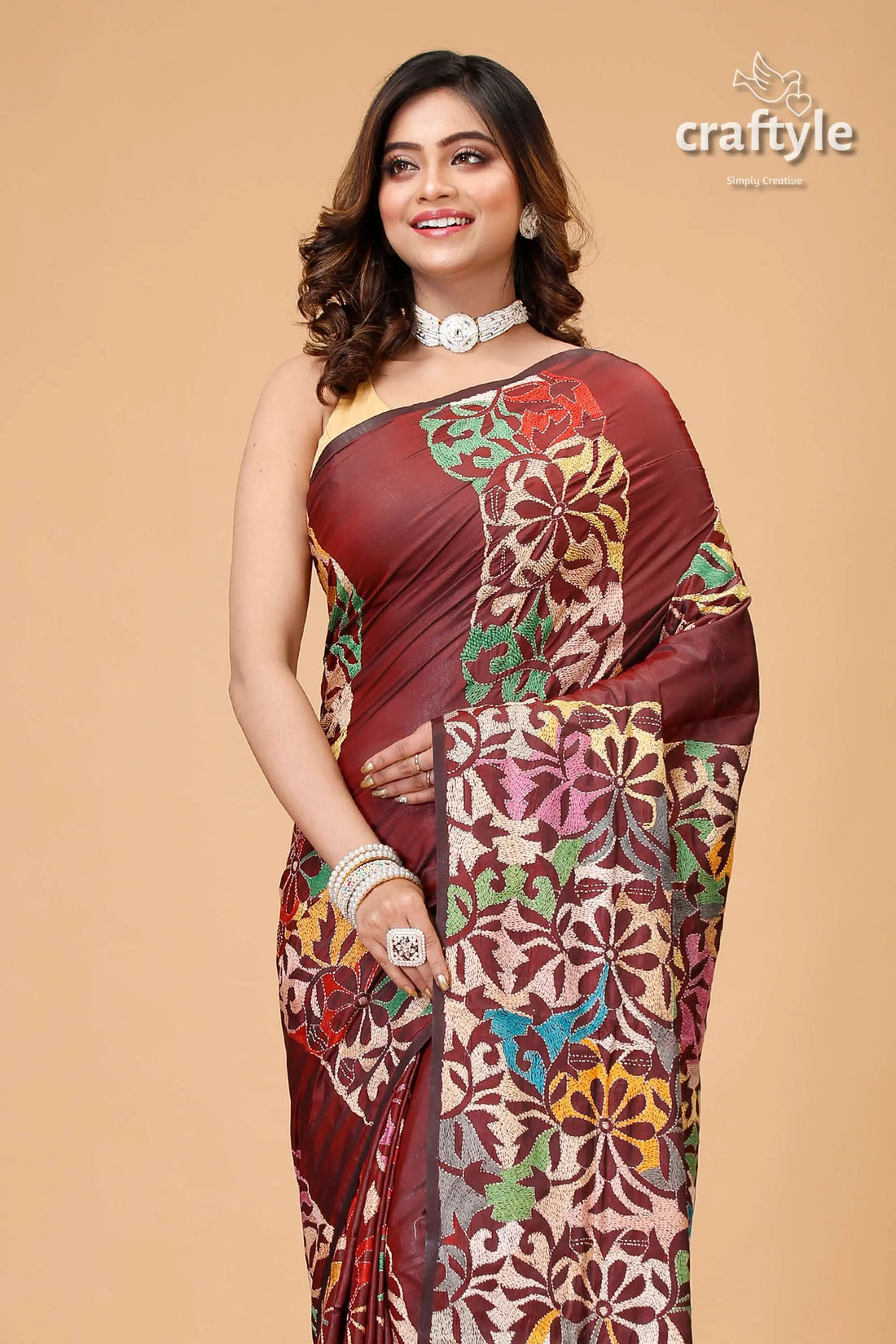 Wine berry floral silk kantha work saree - reverse stitch maroon floral-patterned saree 2