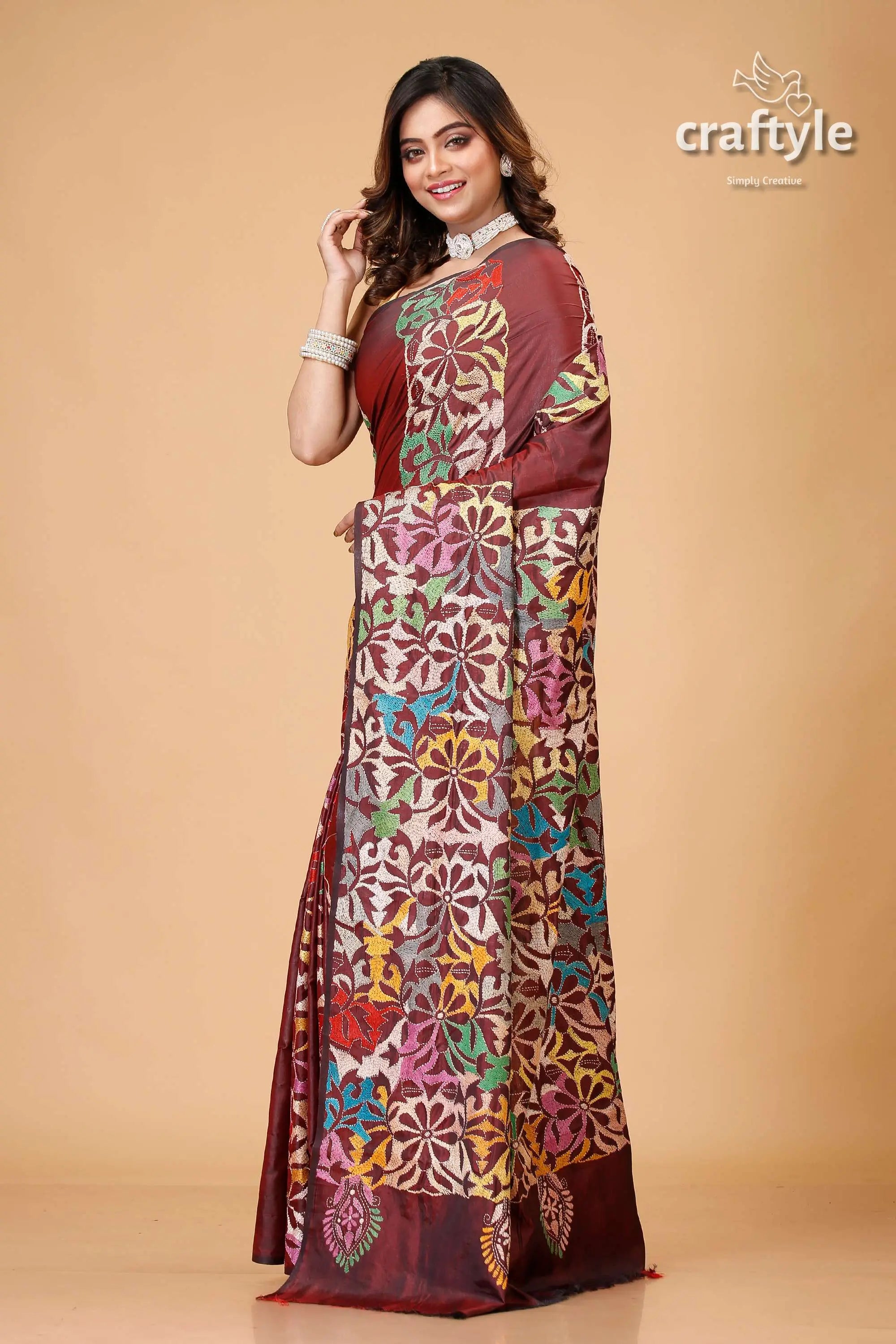 Wine berry floral silk kantha work saree - reverse stitch maroon saree colorful floral patterns 3